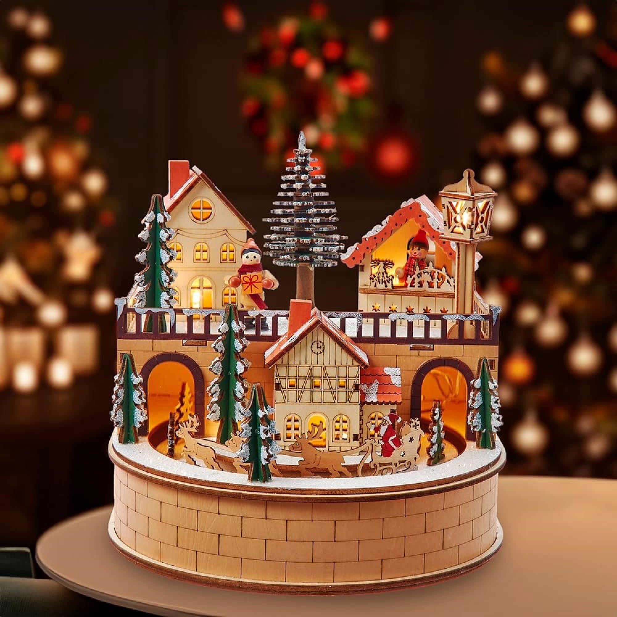 Kurt Adler Wooden LED Light-Up Santa Musical Christmas Village, 7.75in