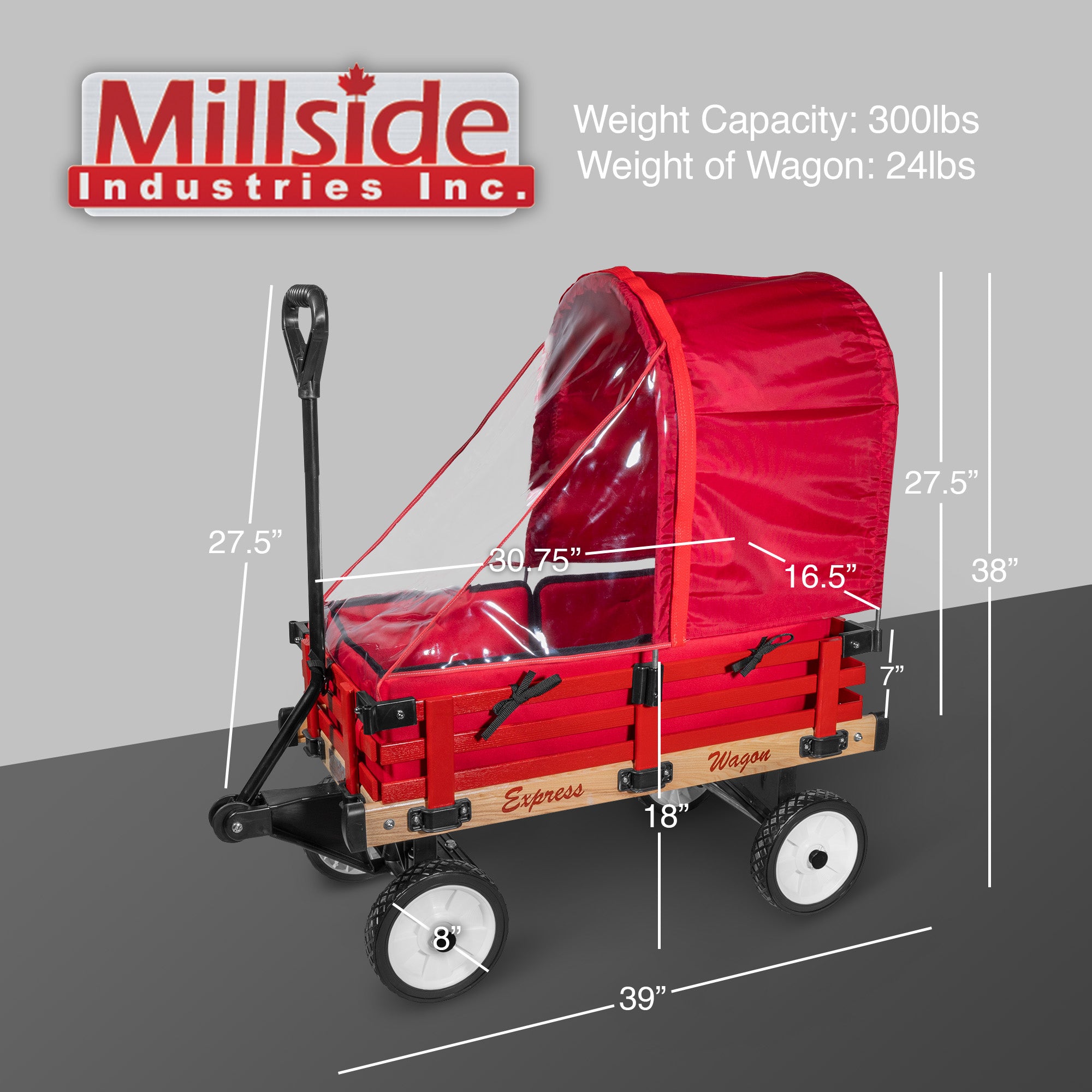 Millside Industries All Season Convertible Wagon Cart with Flat-Free Tires, Sleigh Runners, Side Pads and Half Canopy with Plastic Cover Shield, Red, 16" x 34"