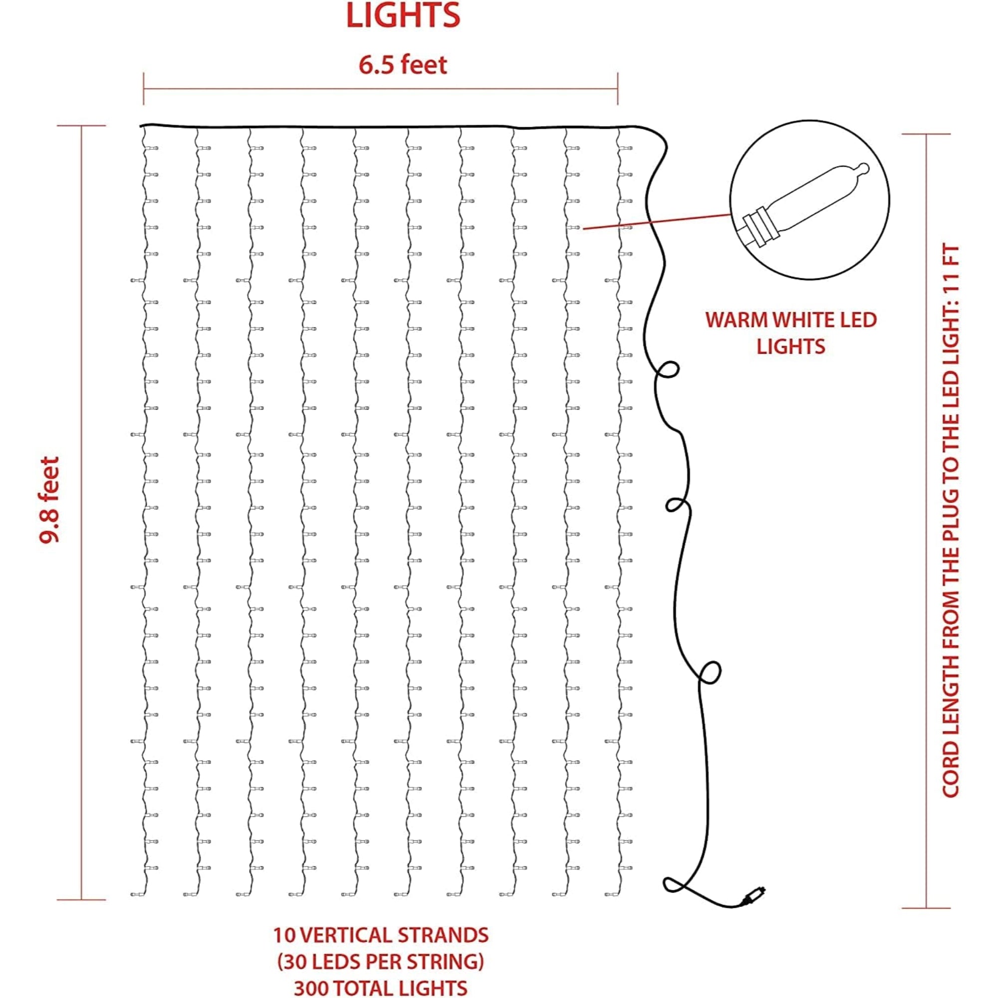 ProductWorks Indoor/Outdoor LED String Light Curtain with 8-Function Controller, 300 LED-Mini Bulbs on White Wire, Warm White, 6.5ft x 10ft