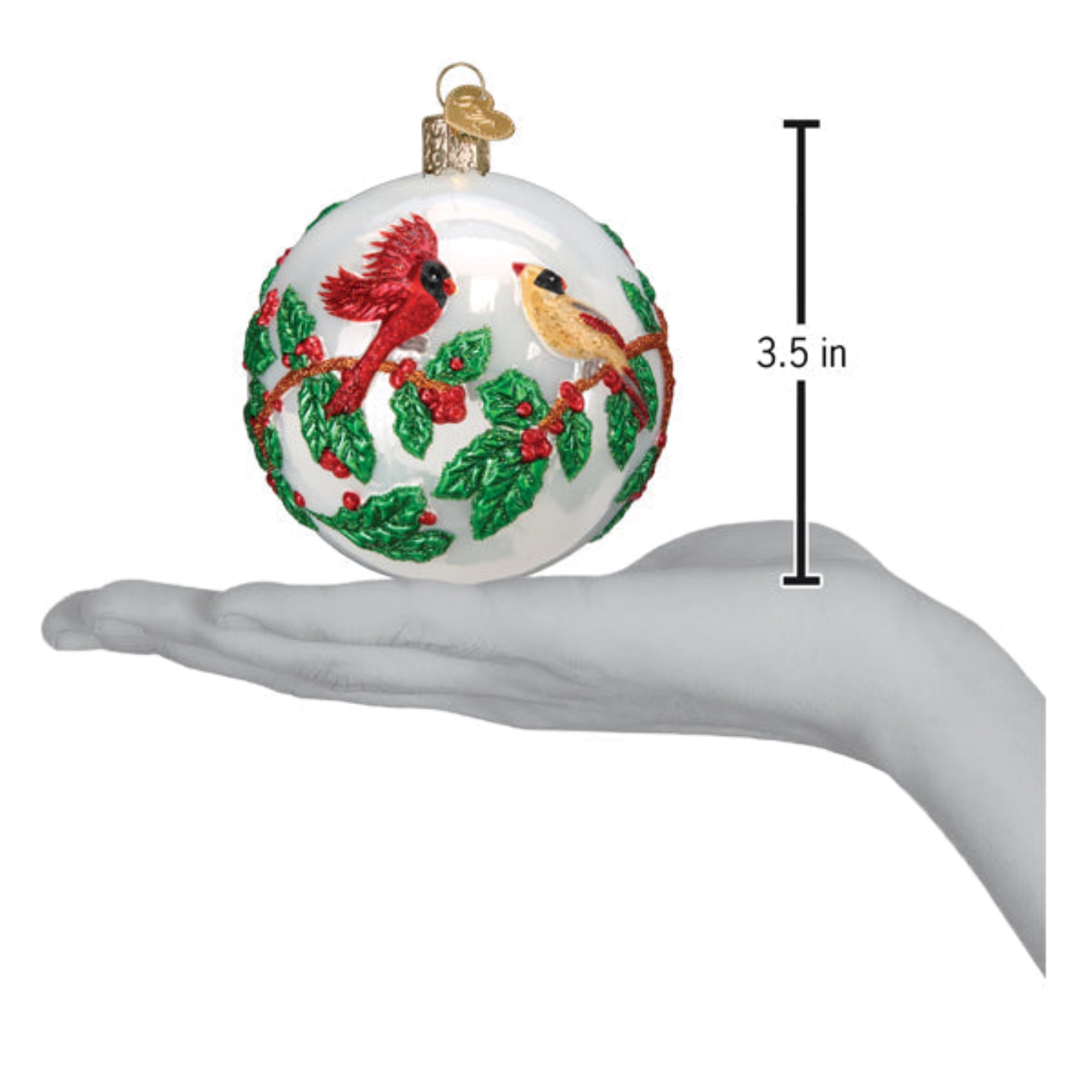 Old World Christmas Hanging Mouth-Blown Glass Ornament for Trees, Hollyberry Birds Round Ball, 3.5"