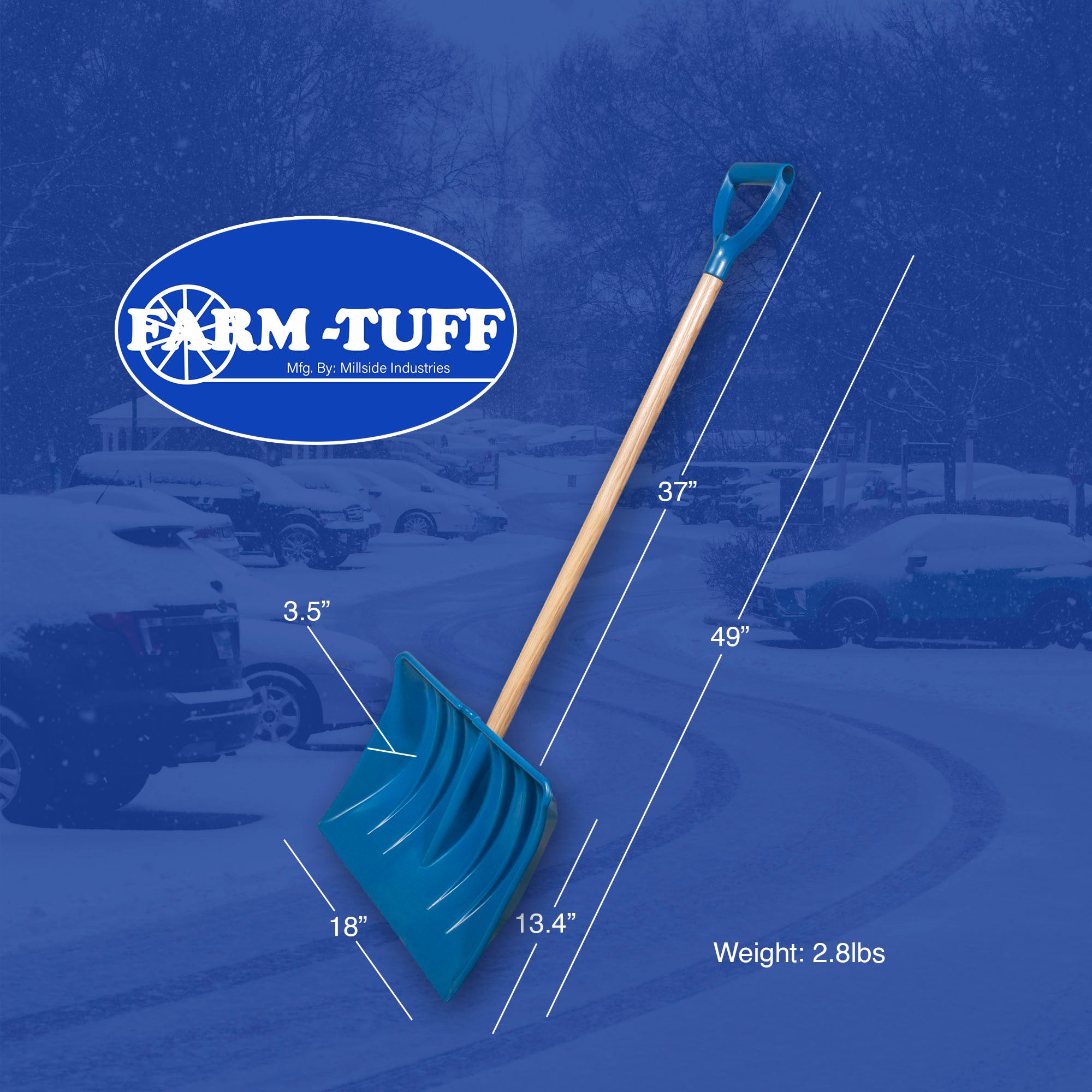 FARM-TUFF Durable Snow Shovel with Ash Hardwood Handle and Large Non Stick Plastic Blade, Blue, 18in