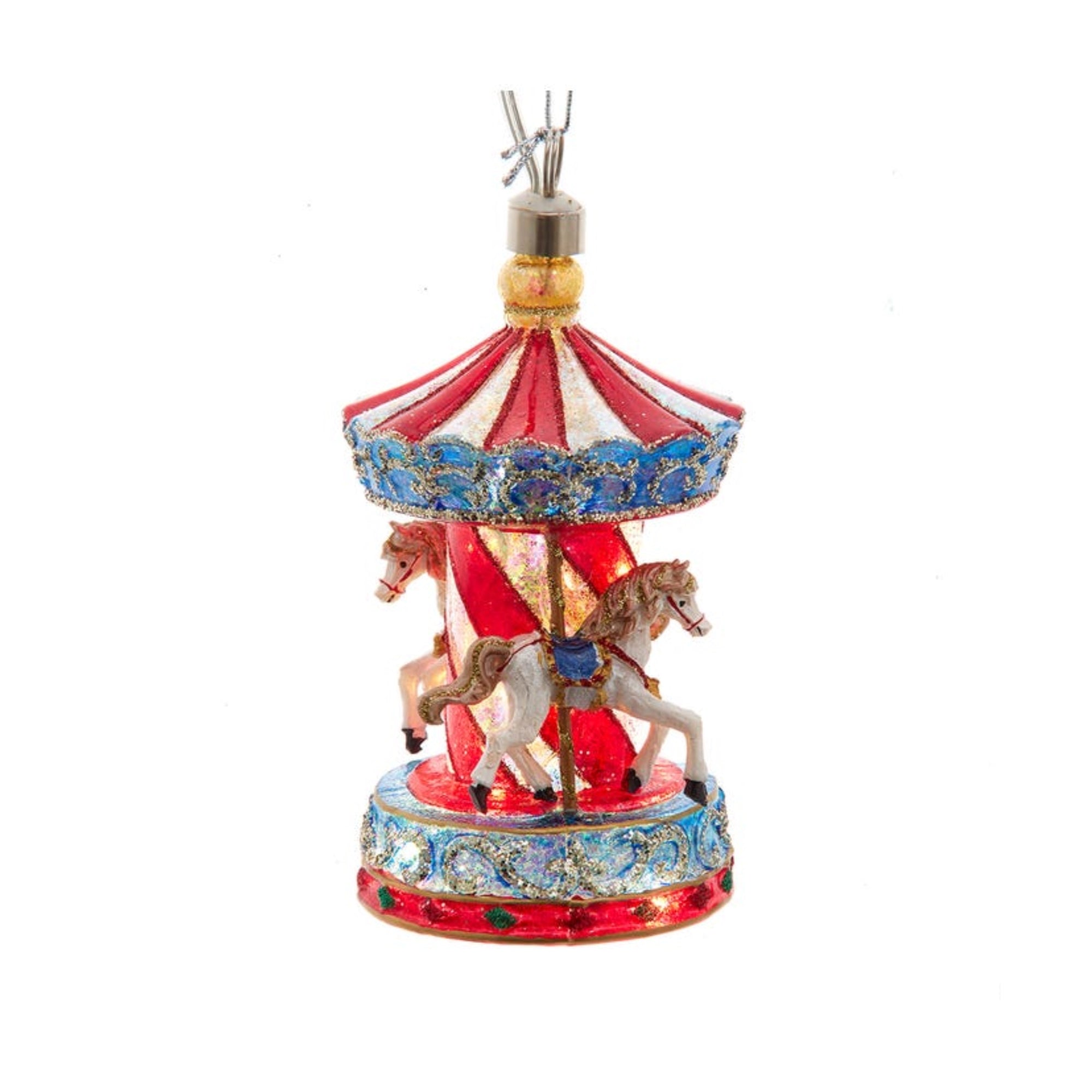 Kurt Adler Pre-lit Hanging Glass Ornament, Warm White LED's, USB-Powered Carousel