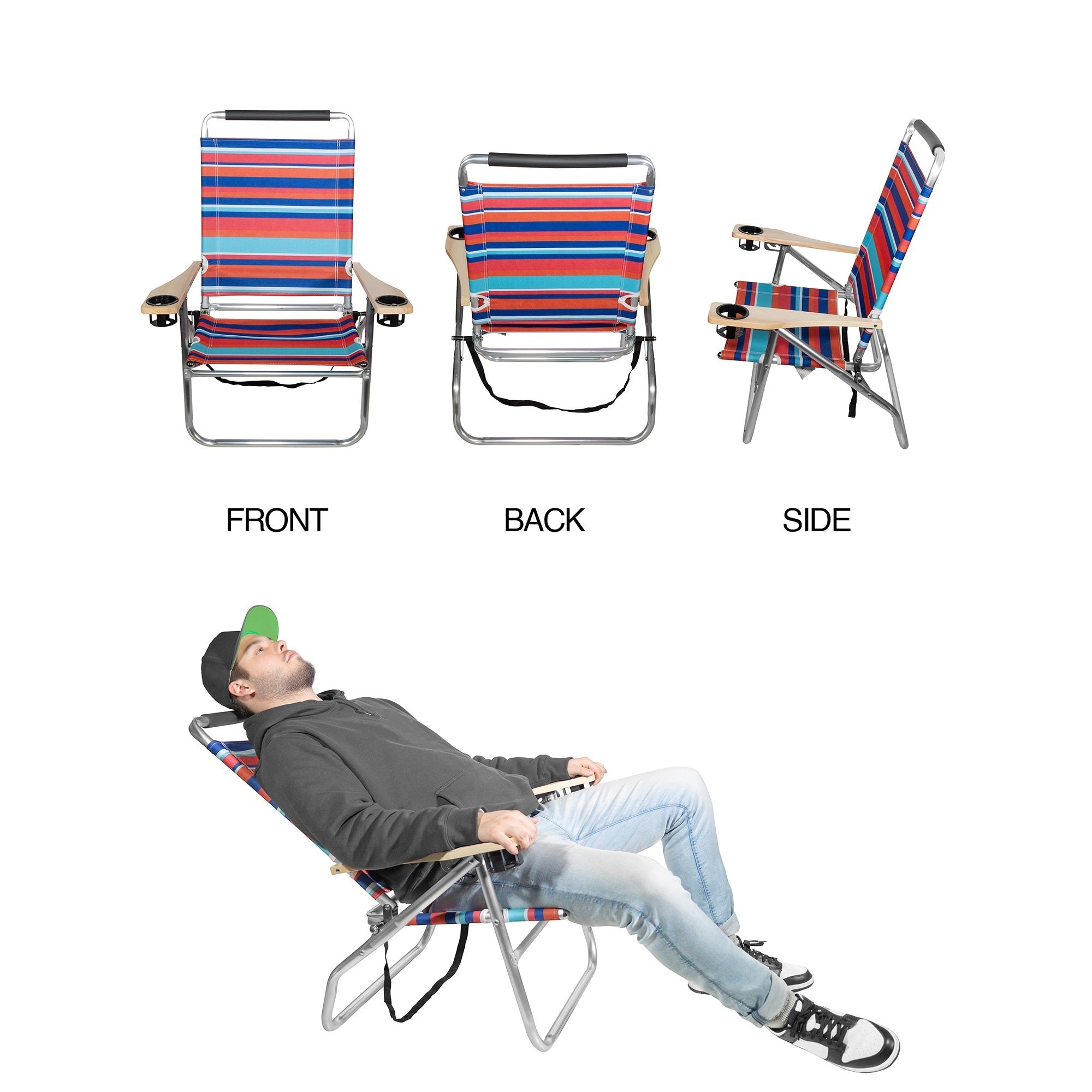 Garden Elements Foldable Reclining Aluminum Beach Chairs With Cup Holders and Carrying Strap, Multi-color (Pack of 2)