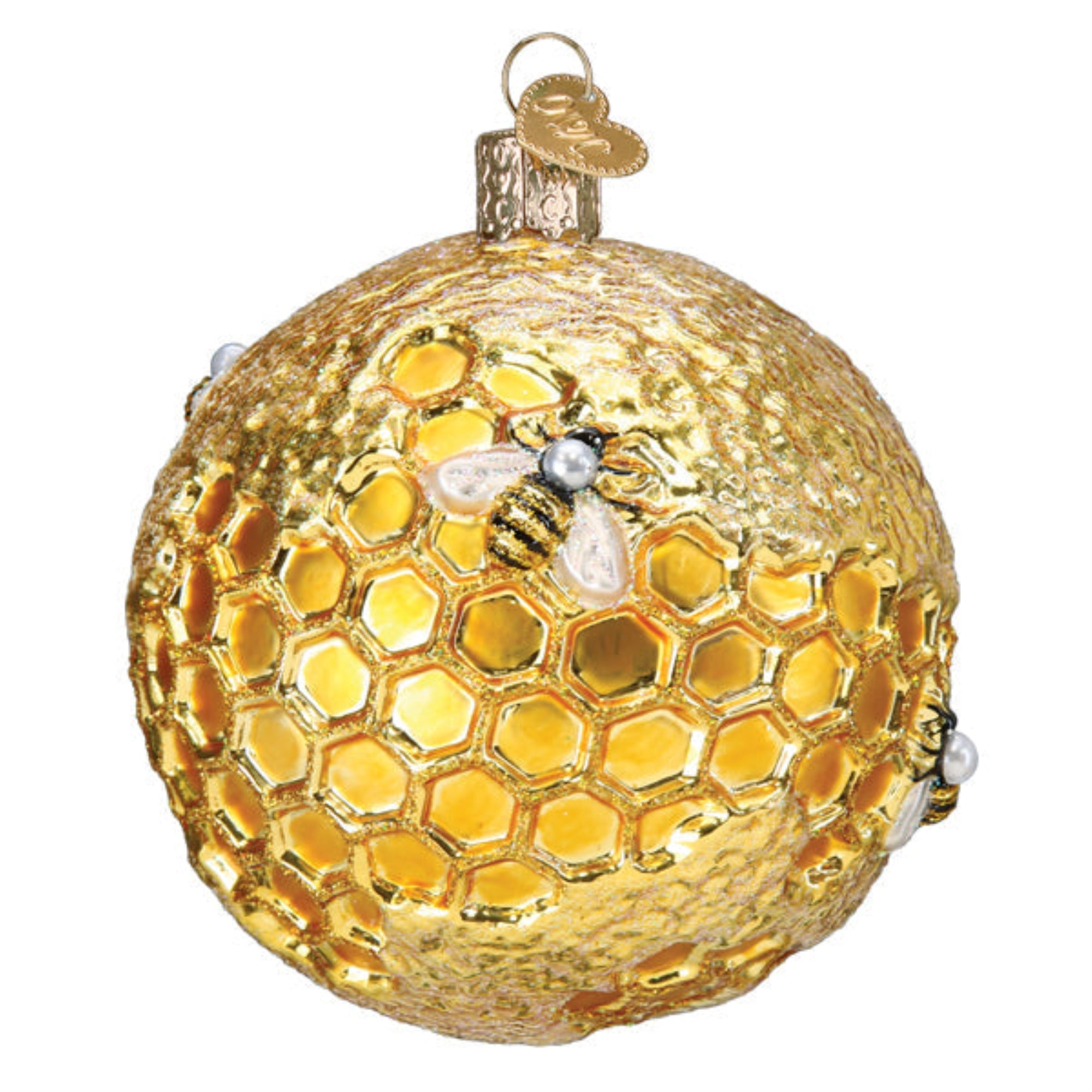 Old World Christmas Hanging Mouth-Blown Glass Ornament for Trees, Bee Blessed Round Ball, 3.5"