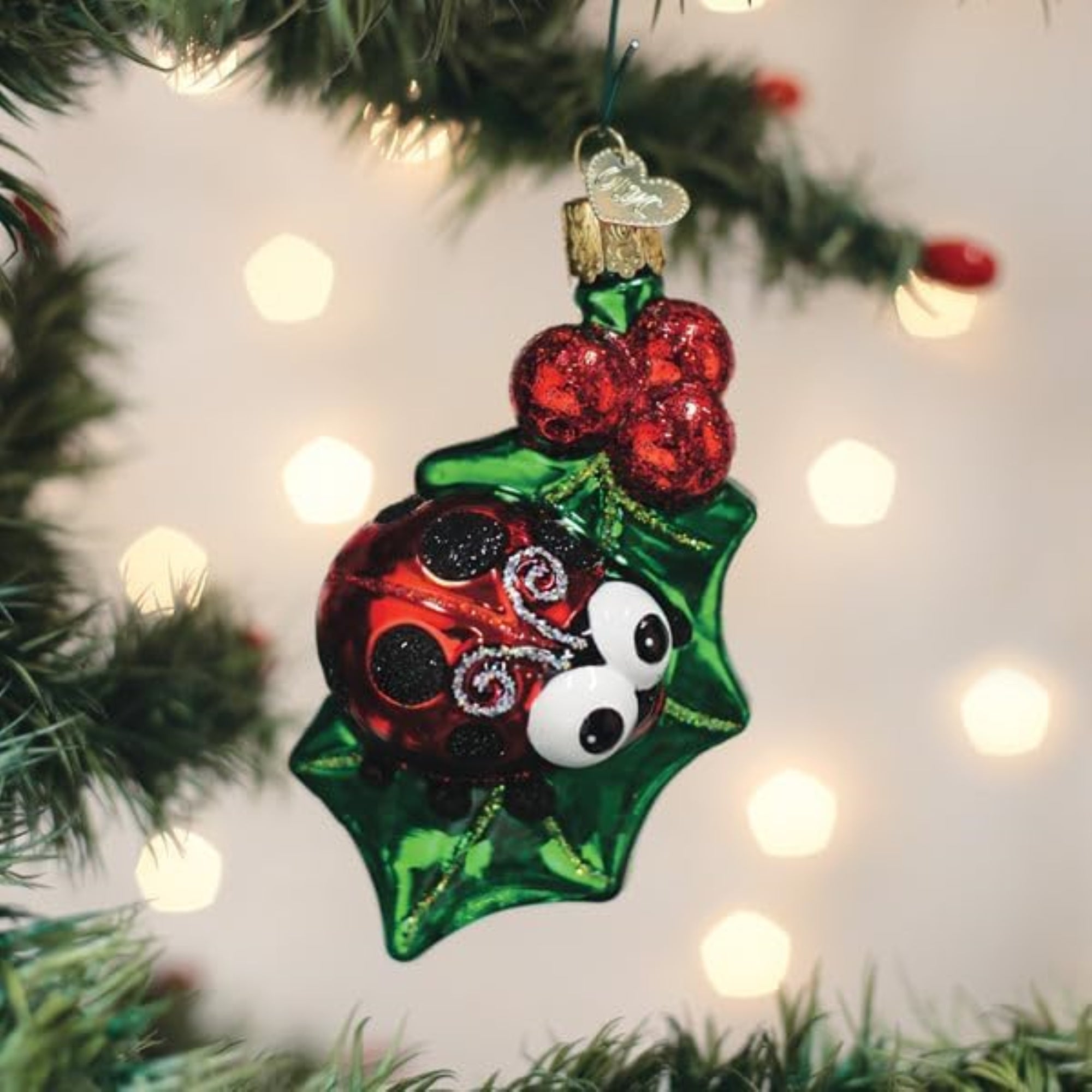 Old World Christmas Blown Glass Ornament for Christmas Tree, Holly Ladybug (with OWC Gift Box)