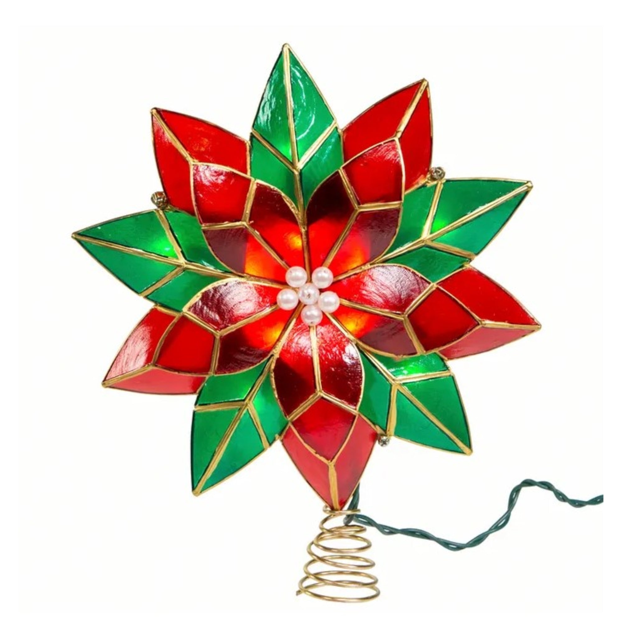 Kurt Adler 10-Light LED Capiz Poinsettia Tree Topper, Red & Green, 9.5"