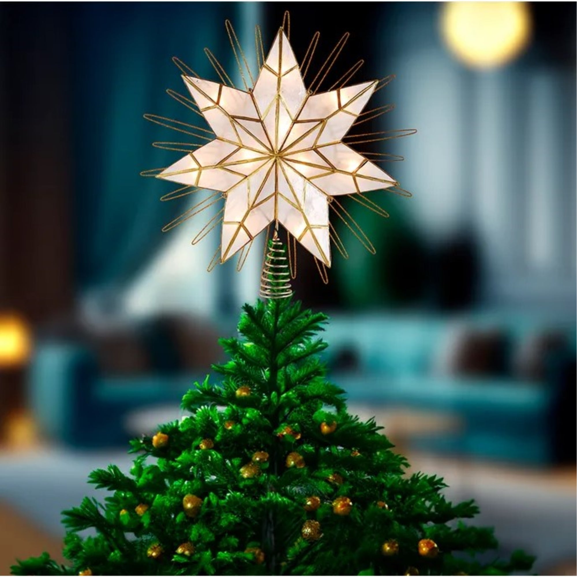 Kurt Adler 10-Light LED Capiz Natural Star Tree Topper, 7-Point, 14”