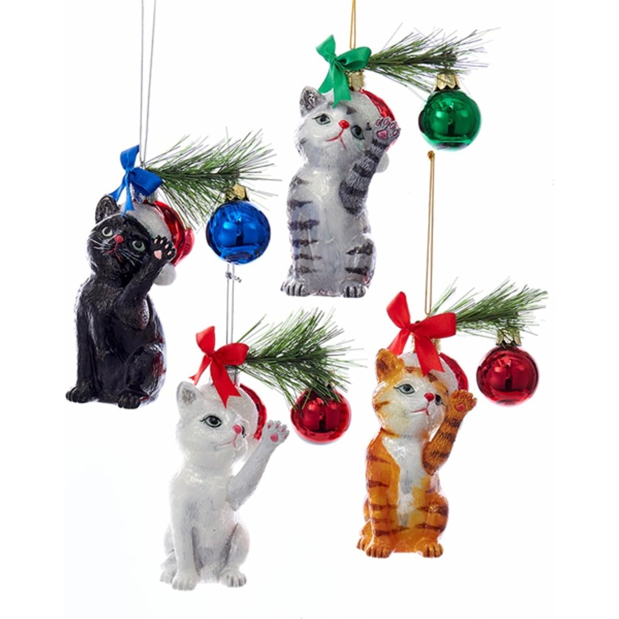 Kurt Adler Noble Gems Kitty Cats in Santa Hats Playing Christmas Holiday Ornaments, Assorted (Pack of 4)