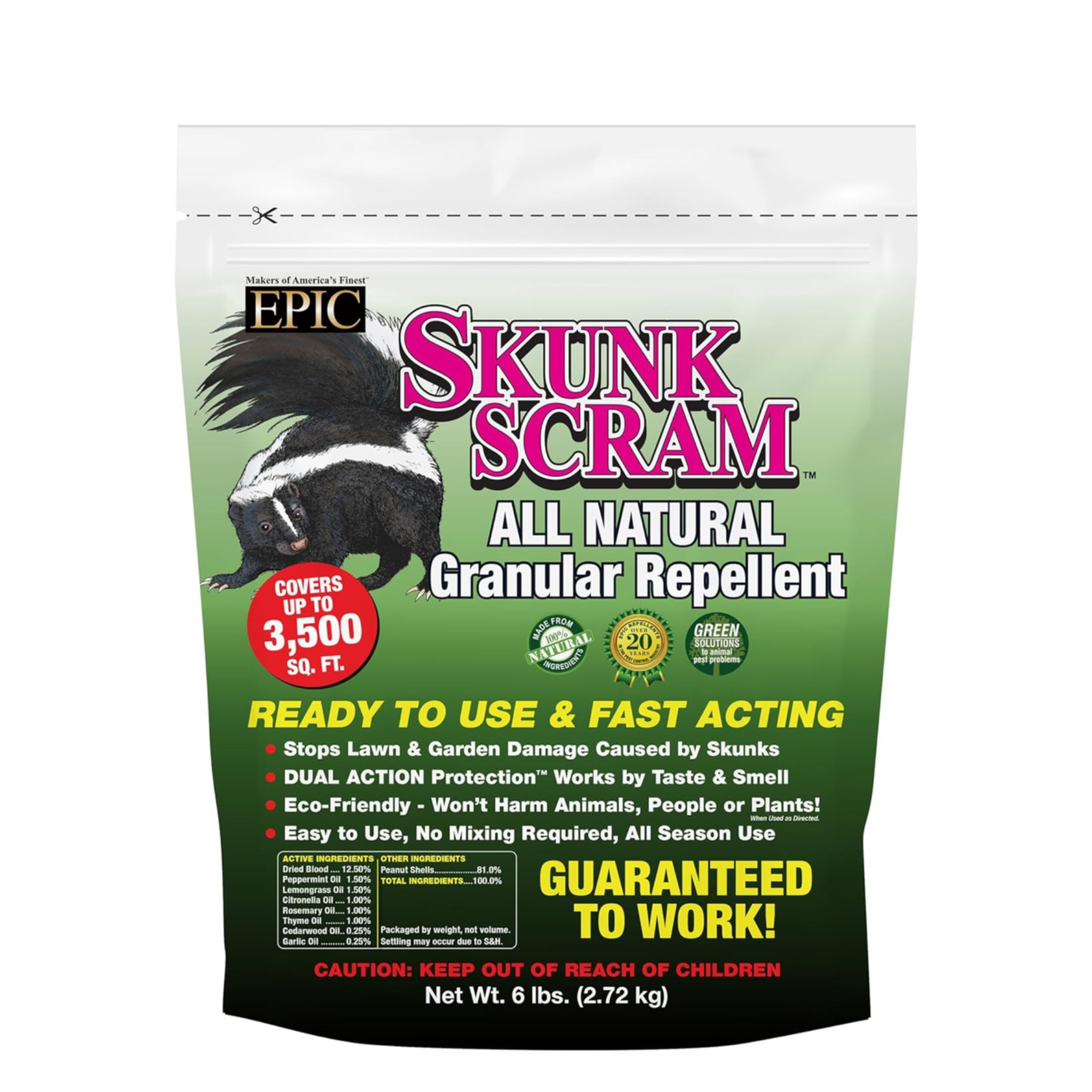 EPIC Skunk Scram All Natural Ready To Use Outdoor Granular Animal Repellent Resealable Bag, 6lbs