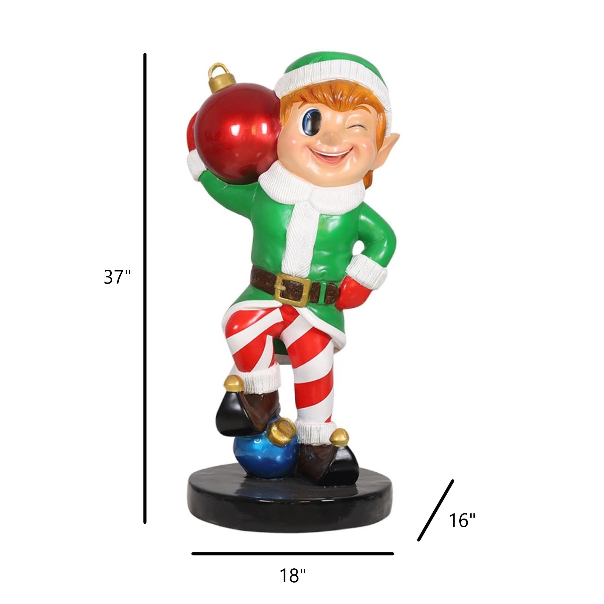 Garden Elements Fiberglass Christmas Figurine Statue Yard Decor, Elf Holding Red Ornament Ball, 37"