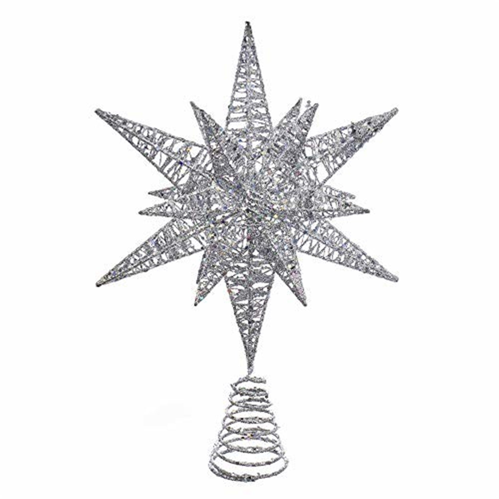 Kurt Adler Un-Lit Star Treetop, 3-D Multi-Point Design with Coil Base— Silver Glitter, 15.5"