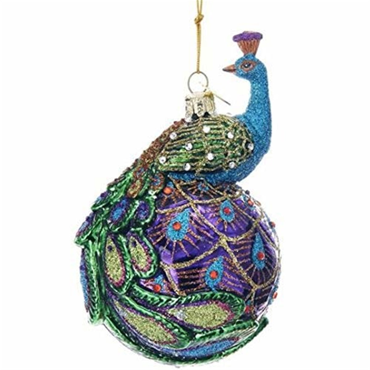 Kurt Adler Noble Gems Glass Ornament for Christmas Tree, Colorful Peacock
