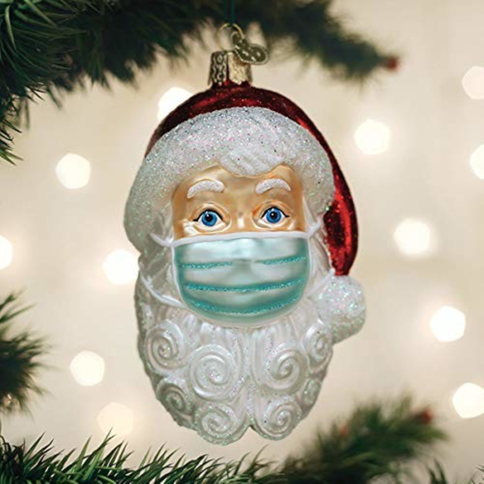 Old World Christmas Blown Glass Ornament for Christmas Tree, Santa with Face Mask