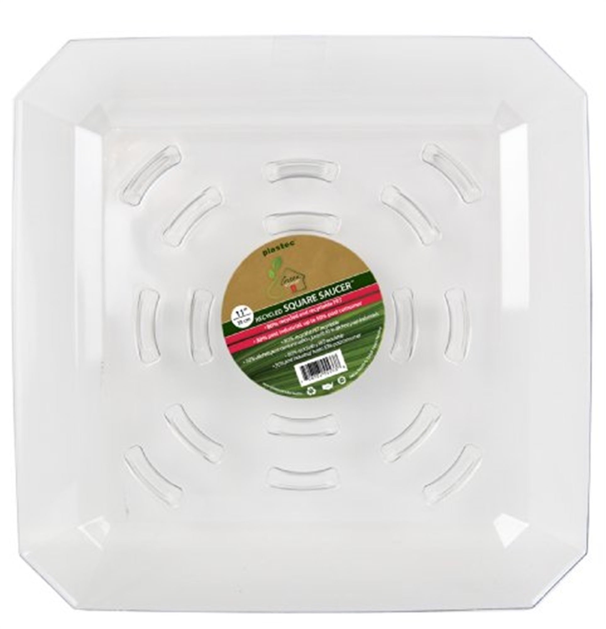 Plastec (#PLISQR111) Square Saucer, Clear Recycled Plastic, 11” Diameter