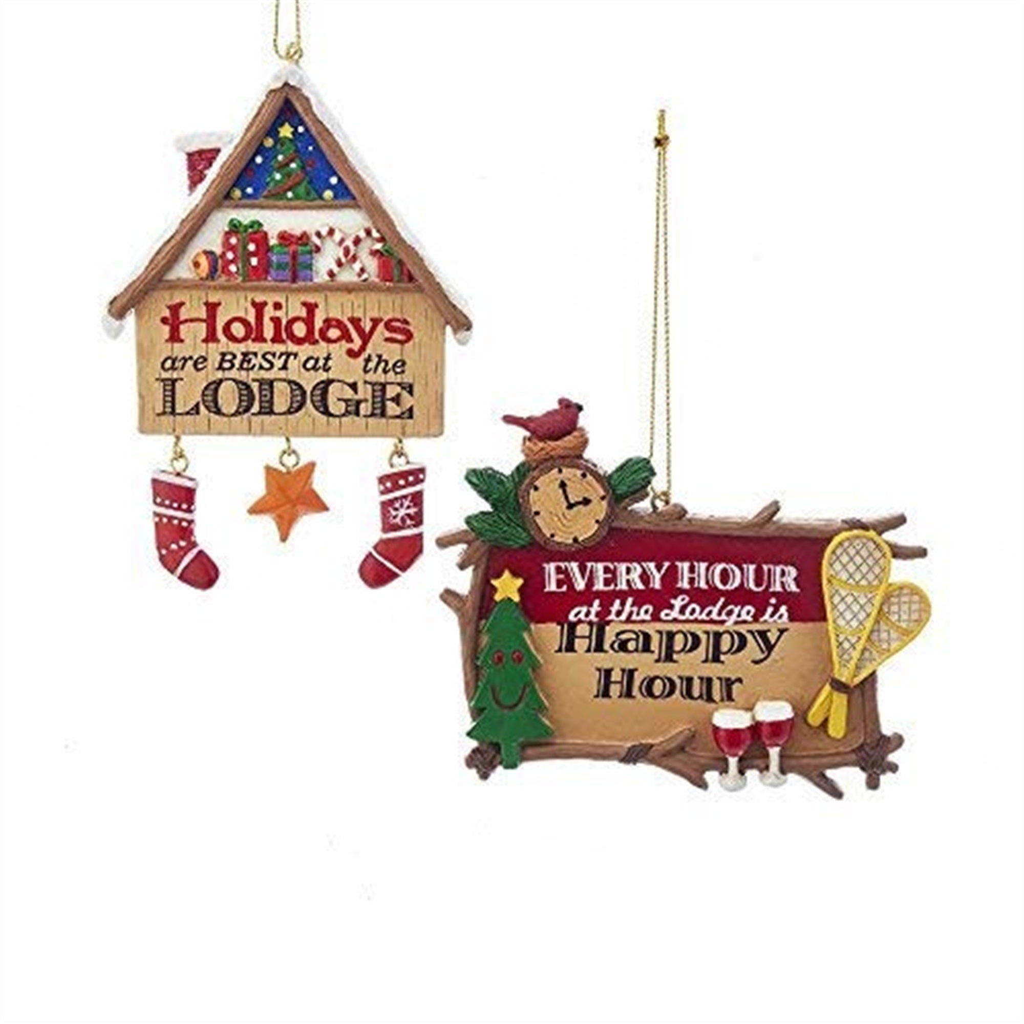 Kurt Adler Resin Ornaments for Christmas Tree, Happy Hour & Holidays at Lodge, Assorted (Pack of 2)