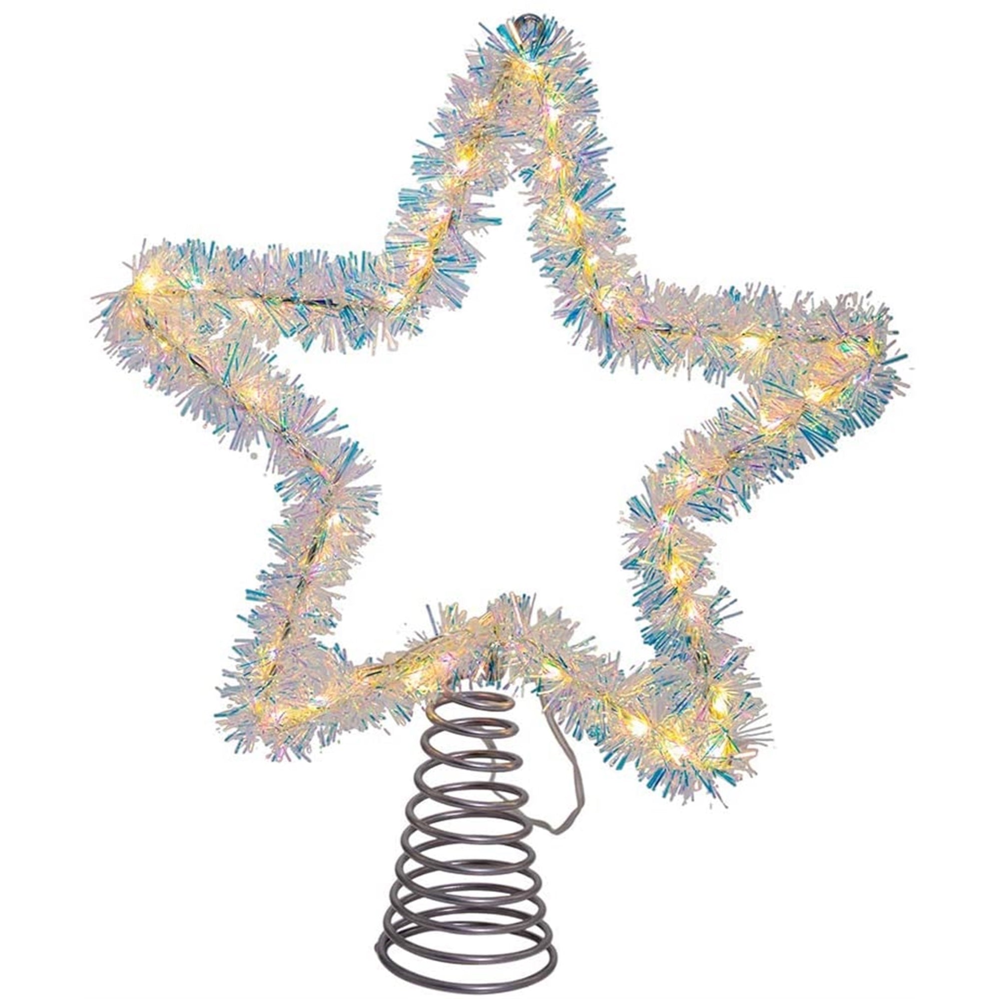 Kurt Adler Lighted Tinsel StarTree Topper with Warm White LED Lights, Silver, 12"