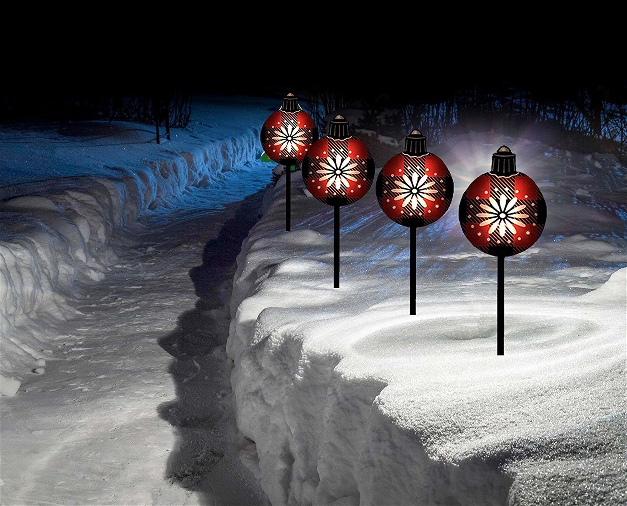 ProductWorks Candy Cane Lane 2D Pre-Lit 8 LEDs Holiday Pathway Markers Display, Red Ornaments (Set of 4)