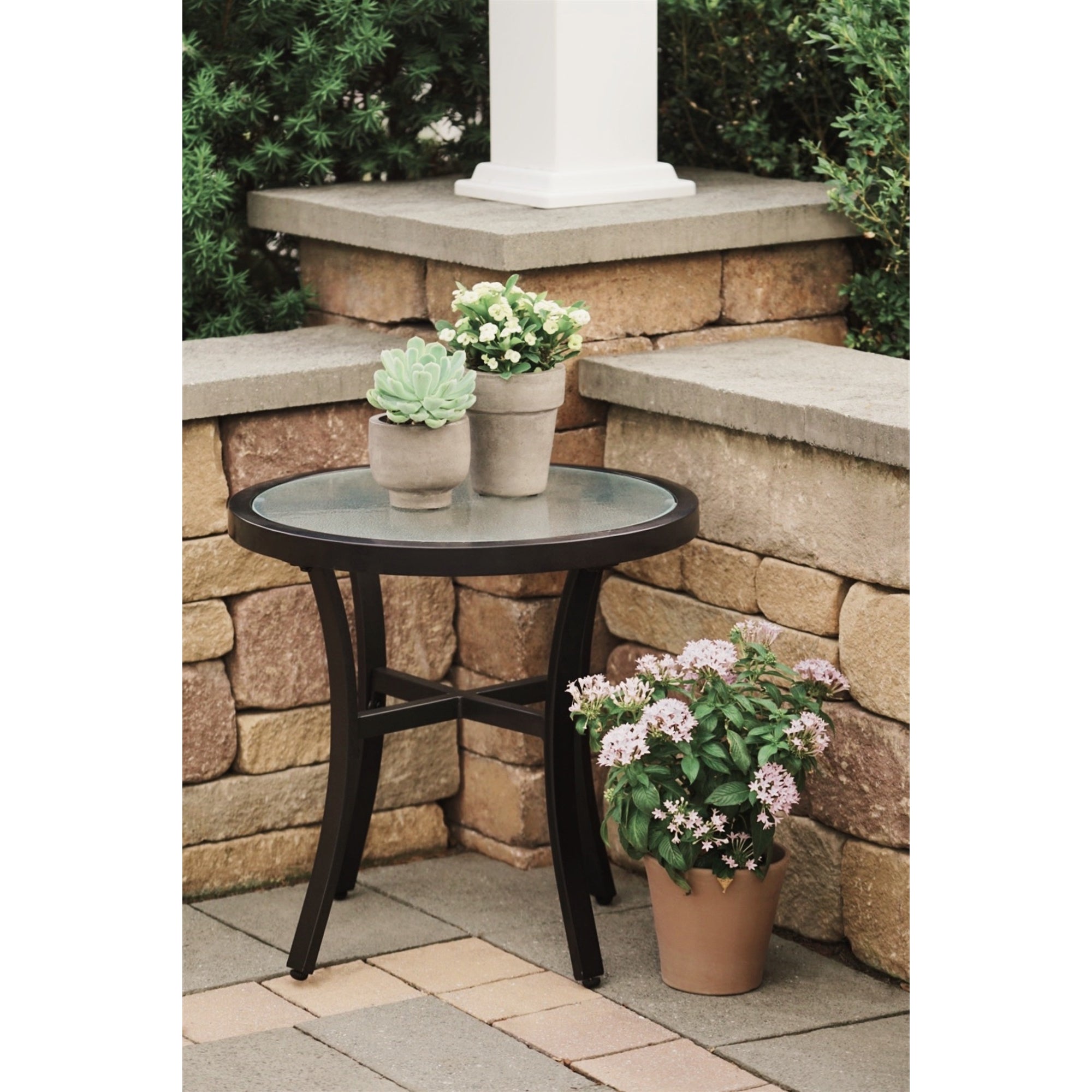 Garden Elements Round Outdoor Patio Accent Table, Aluminum Frame with Tempered Glass Top, Mocha, 20"