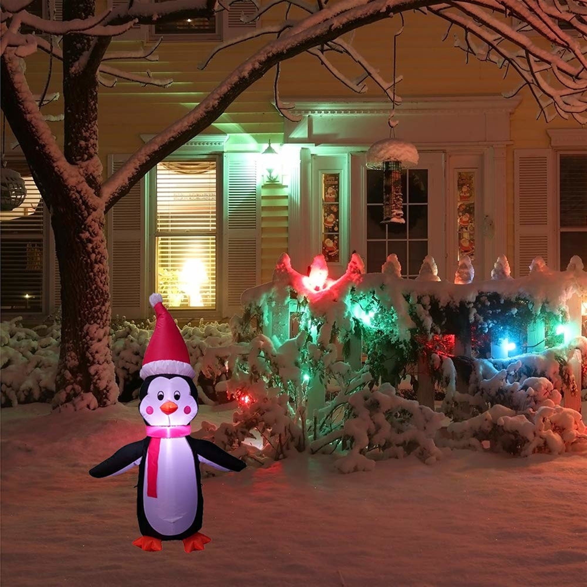 ProductWorks Candy Cane Lane Pre-Lit Nylon Inflatable Outdoor Christmas Decoration, Penguin, 7ft