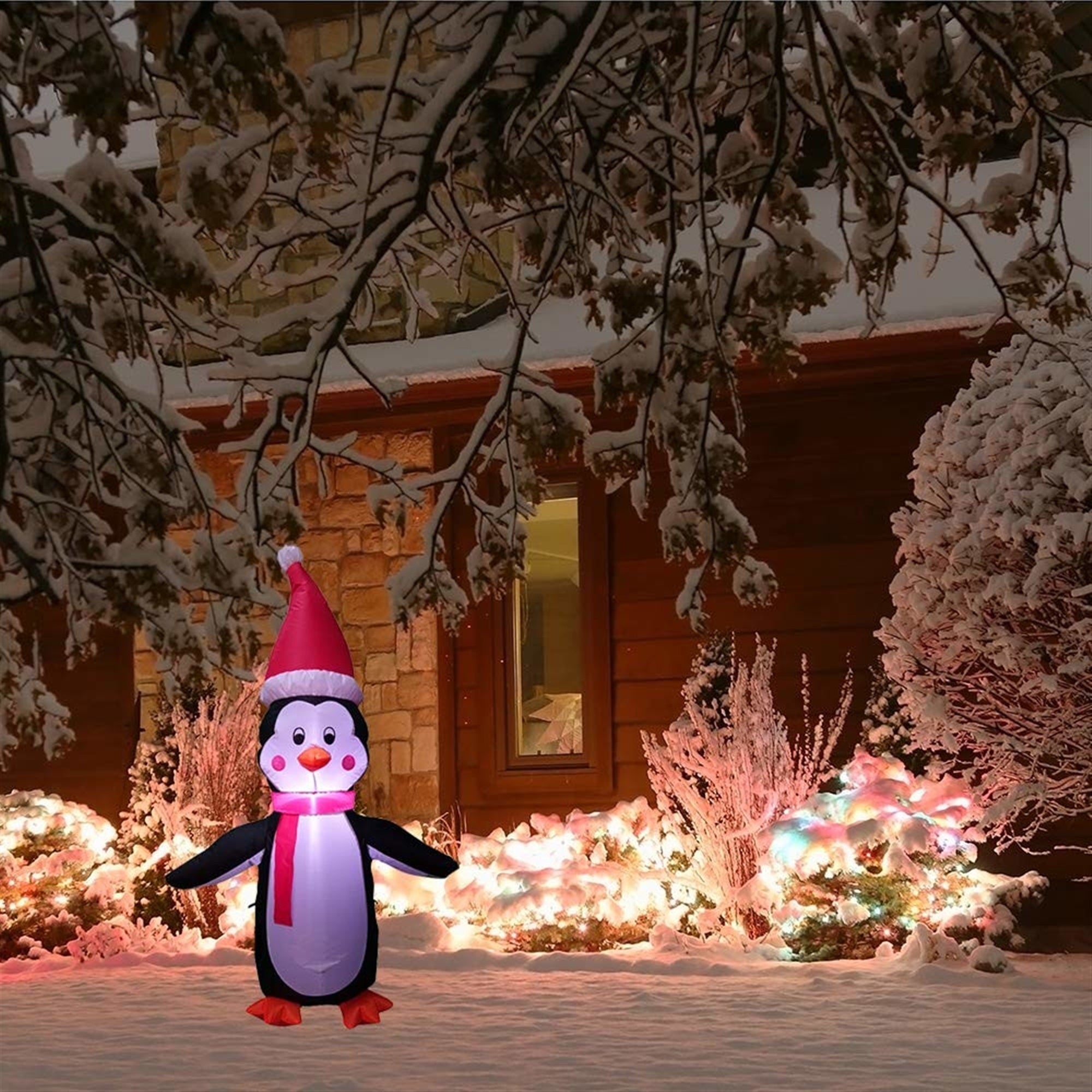 ProductWorks Candy Cane Lane Pre-Lit Nylon Inflatable Outdoor Christmas Decoration, Penguin, 7ft