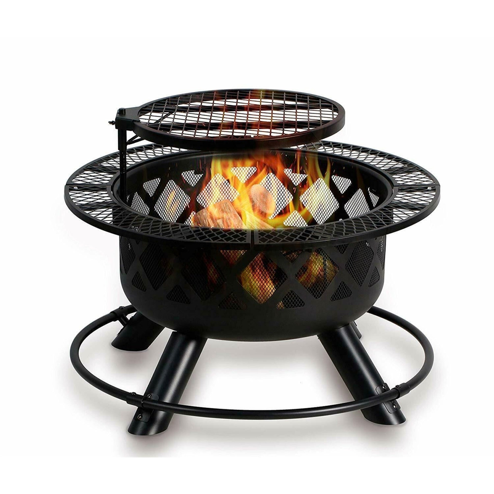 Big Horn Circular Steel Ranch Fire with Table Sides, and Grill Top, Black, 24”