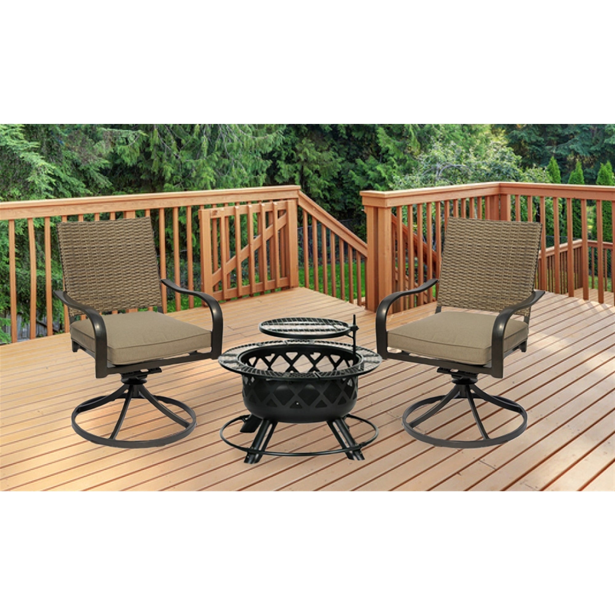 Big Horn Circular Steel Ranch Fire with Table Sides, and Grill Top, Black, 24”