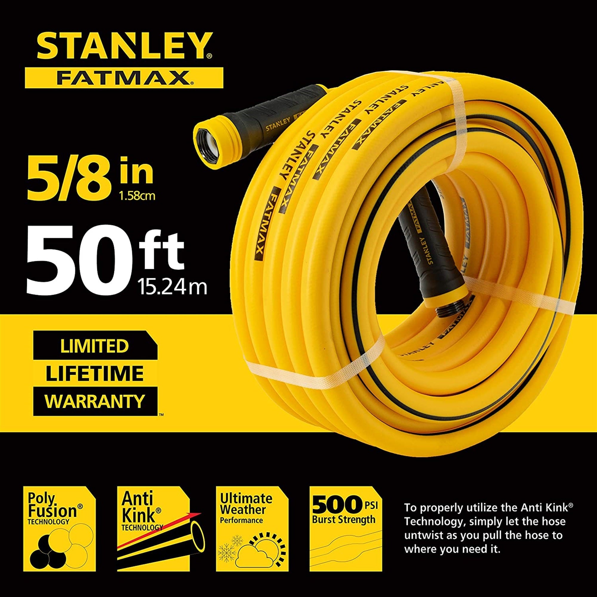 Stanley Fatmax Professional Grade Water Hose, 50' x 5/8, Yellow 500 PSI