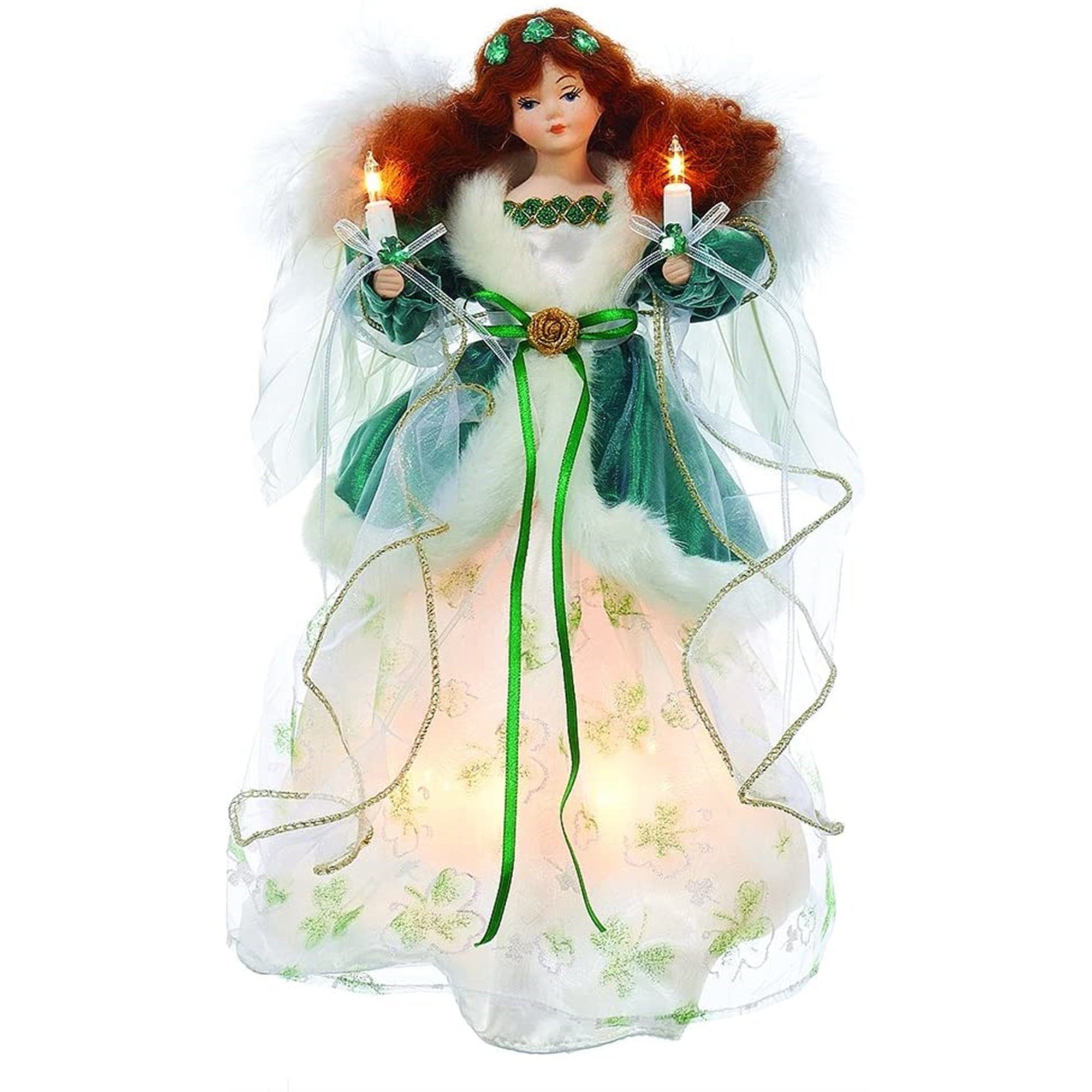 Kurt Adler 10-Light Treetop, Irish Angel in Ivory Shamrock Gown & Green Velvet Coat, 12"