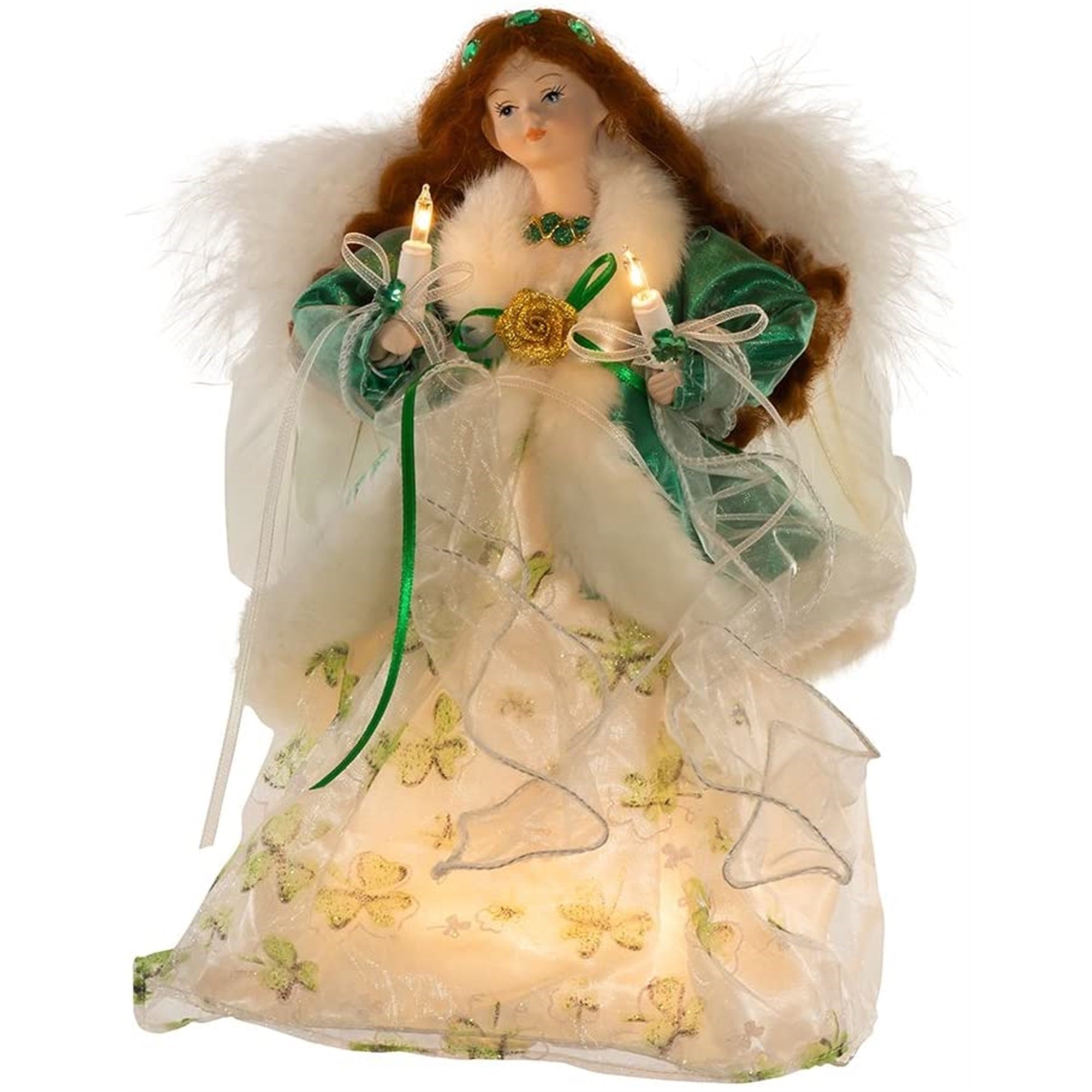 Kurt Adler 10-Light Treetop, Irish Angel in Ivory Shamrock Gown & Green Velvet Coat, 12"