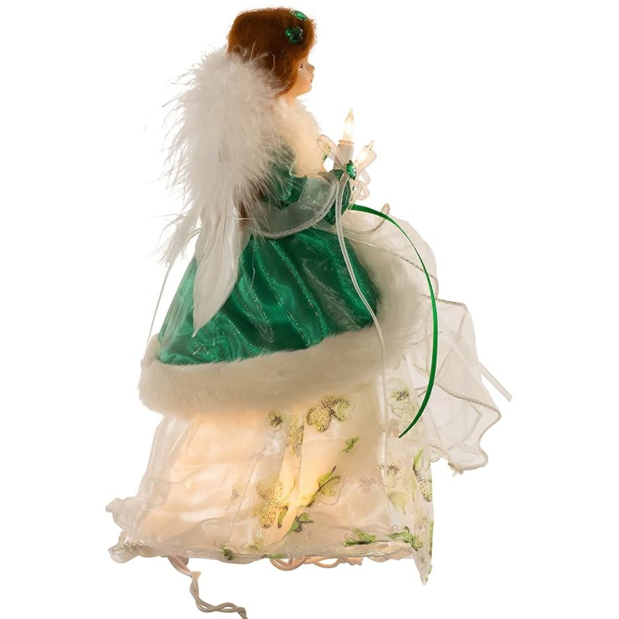 Kurt Adler 10-Light Treetop, Irish Angel in Ivory Shamrock Gown & Green Velvet Coat, 12"