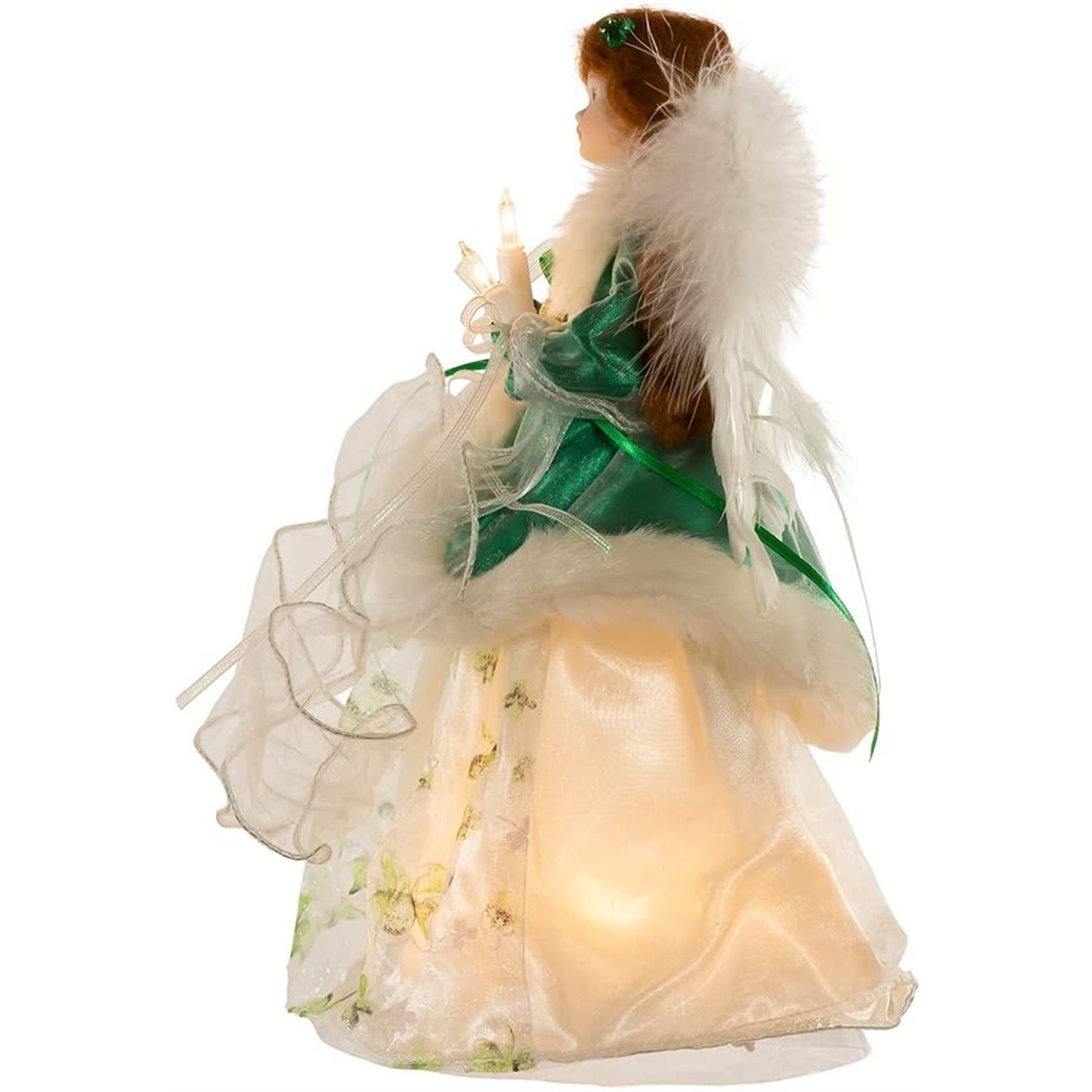 Kurt Adler 10-Light Treetop, Irish Angel in Ivory Shamrock Gown & Green Velvet Coat, 12"