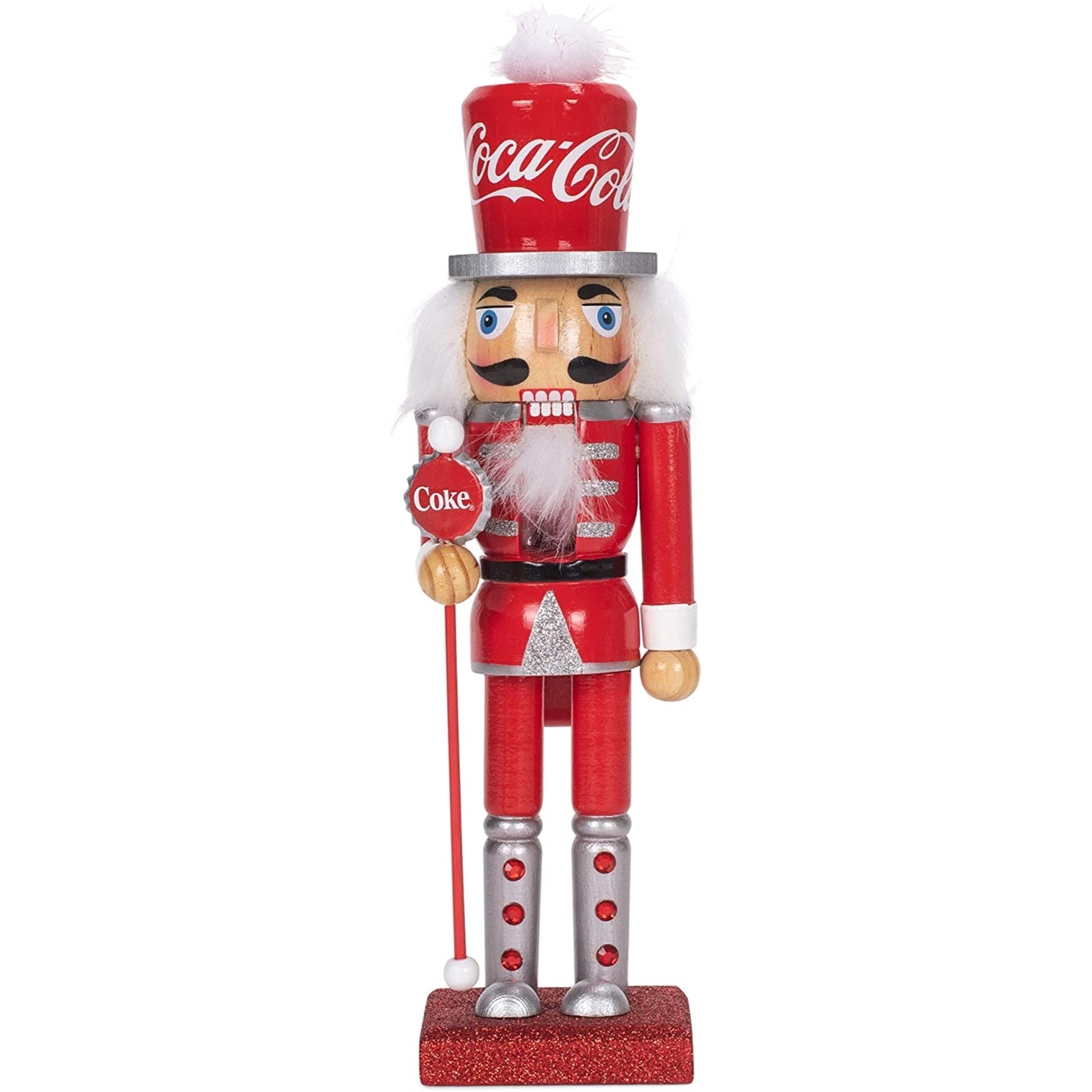 Kurt Adler Wooden Nutcracker, Coca-Cola Nutcracker Holding Bottle-Cap Staff, 10"