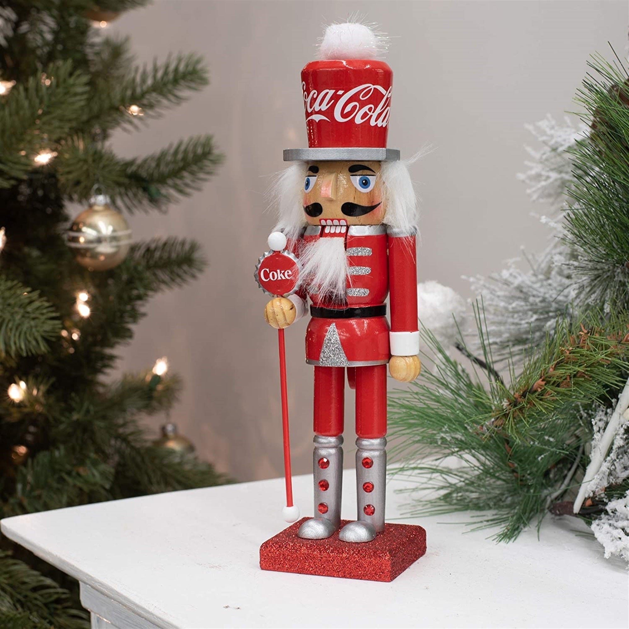 Kurt Adler Wooden Nutcracker, Coca-Cola Nutcracker Holding Bottle-Cap Staff, 10"