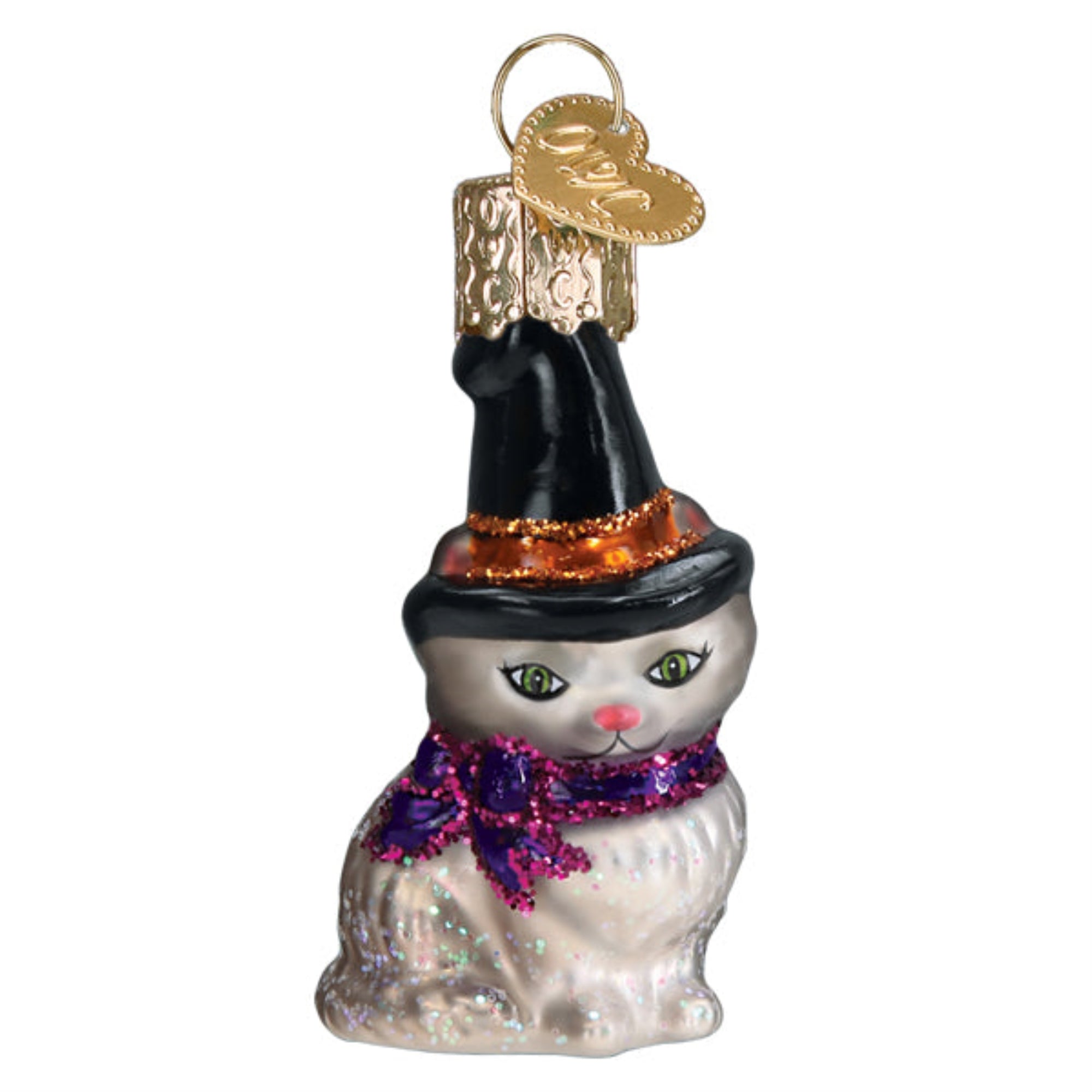 Old World Christmas Blown Glass Hanging Ornament for Halloween, Mini Witch Cat (with OWC Gift Box)