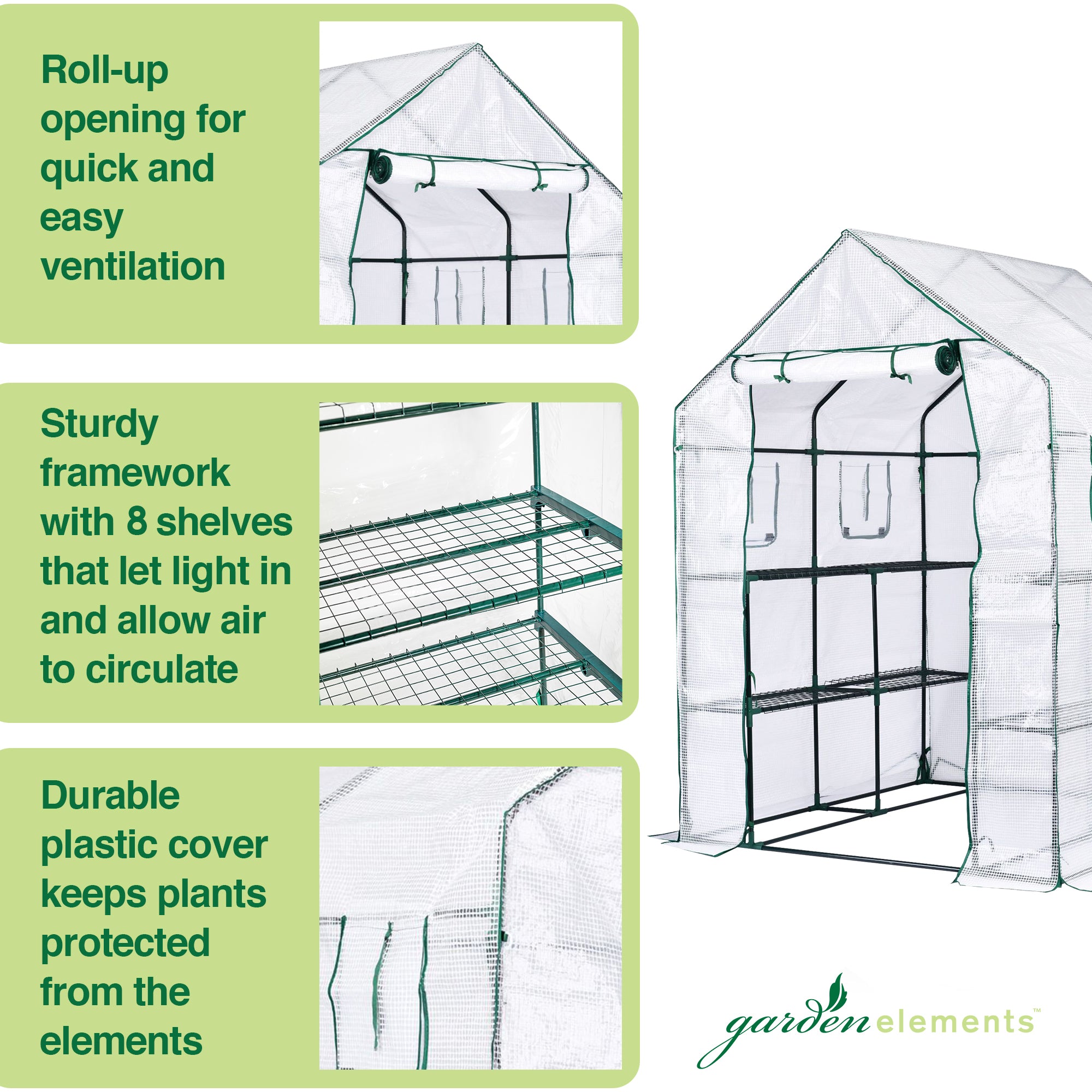 Garden Elements Personal Plastic Indoor/Outdoor Standing Greenhouse for Seed Starting and Propagation, Frost Protection, Vented, White, Large, 56" x 56" x 77"