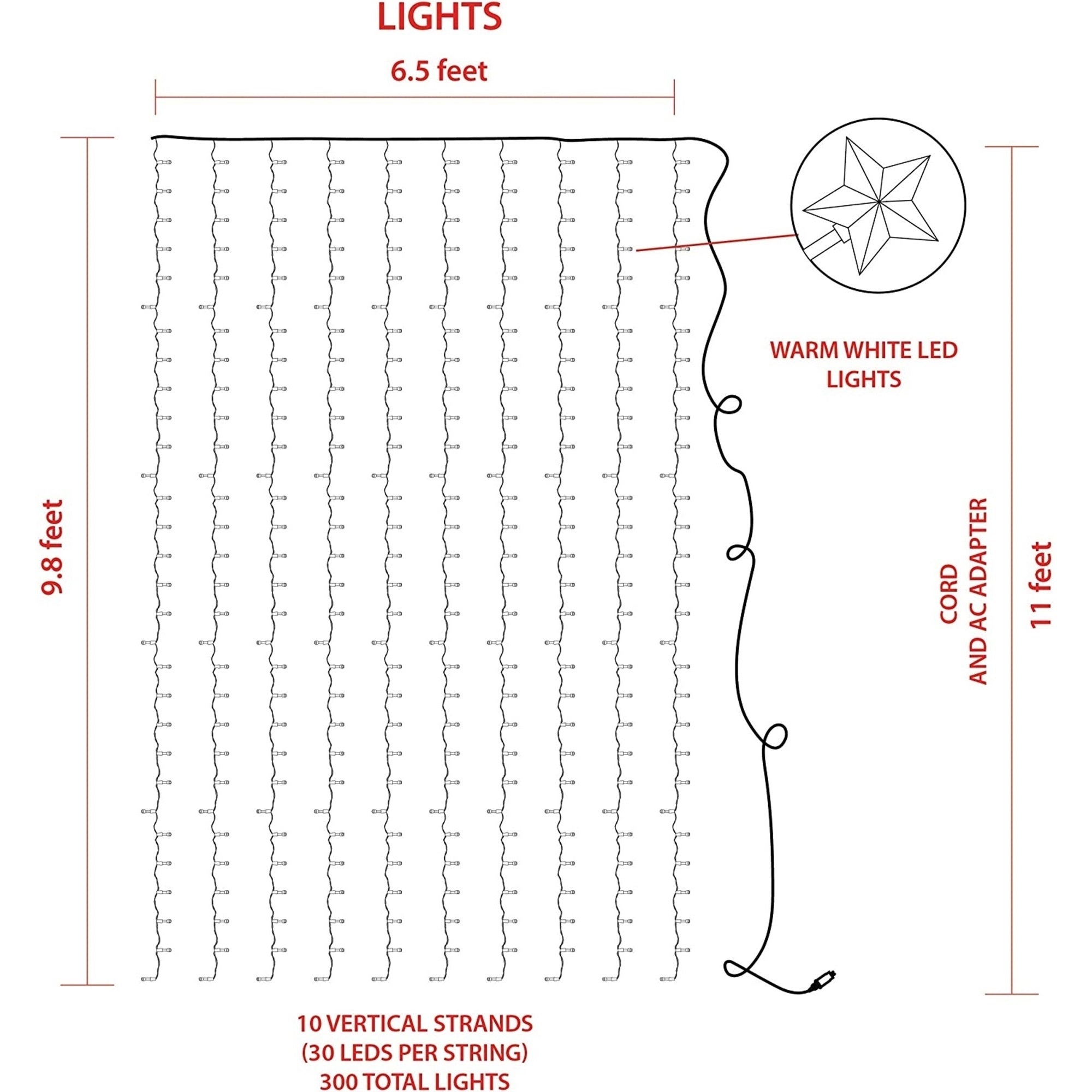 ProductWorks Indoor/Outdoor 300 LED-Star String Light Curtain with 8-Function Controller, Warm White, 6.5ft x 10ft