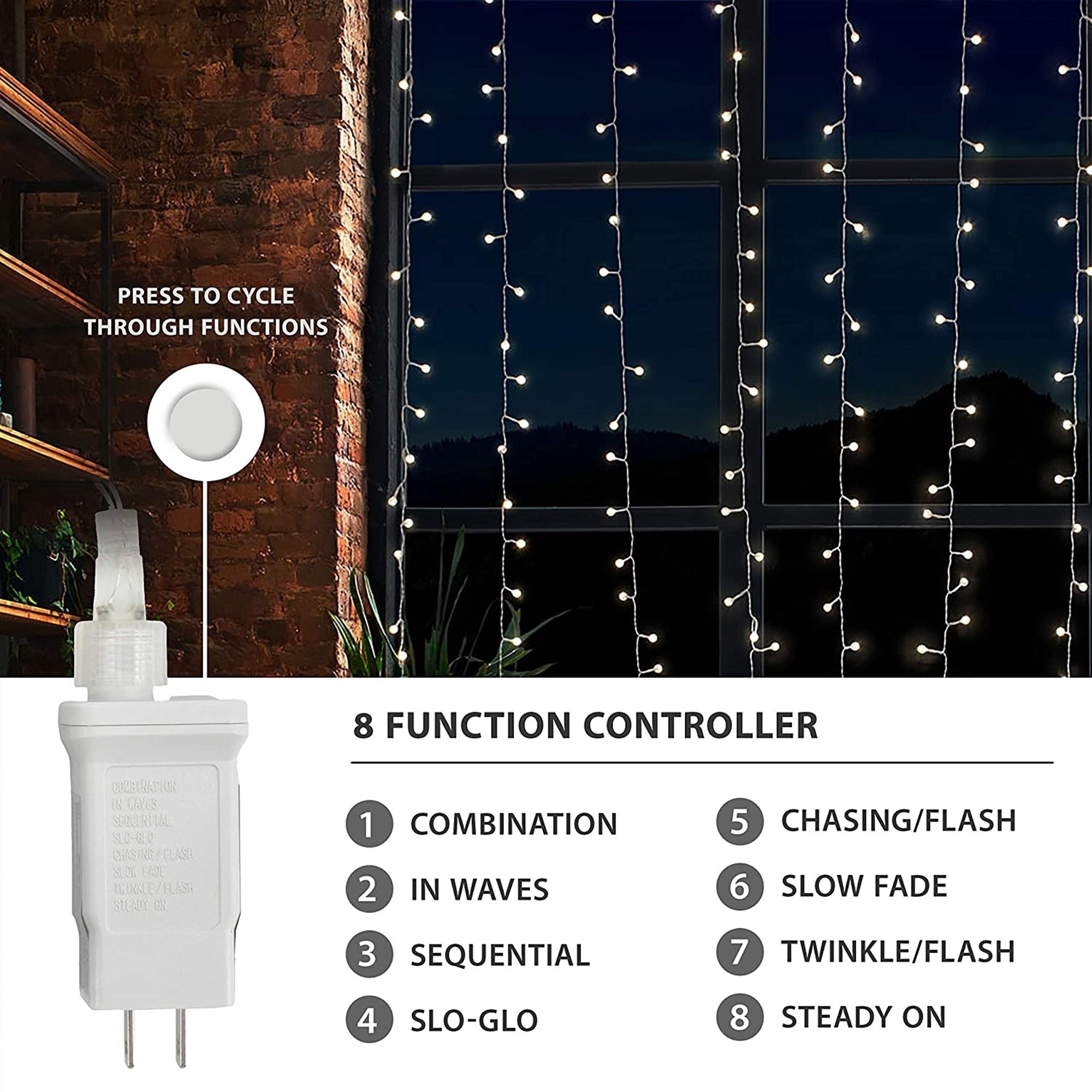 ProductWorks Indoor/Outdoor 300 LED-Star String Light Curtain with 8-Function Controller, Warm White, 6.5ft x 10ft