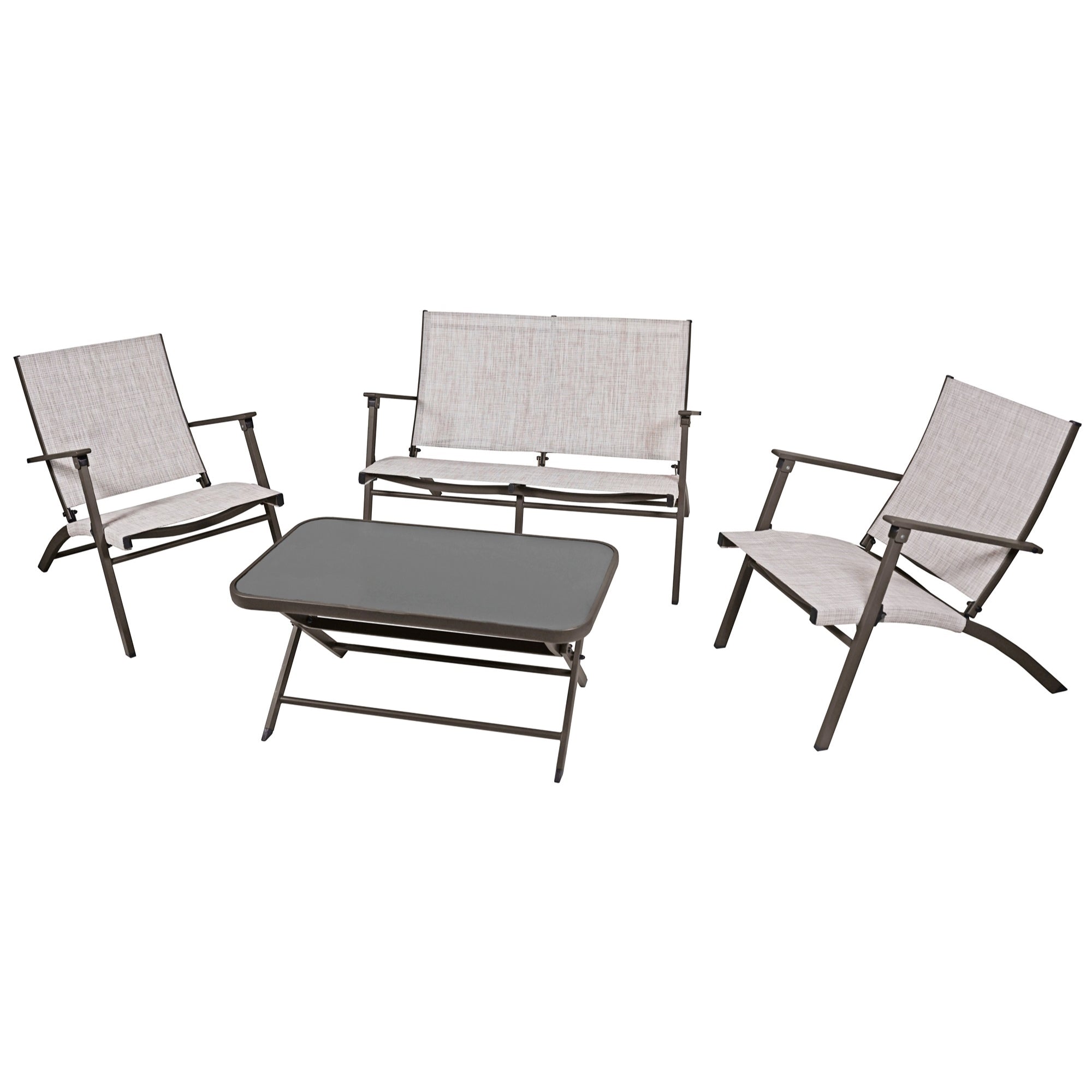 Four Seasons Novara 4-Piece Steel Folding Patio Set – Glass Table, Loveseat & 2 Chairs, Espresso