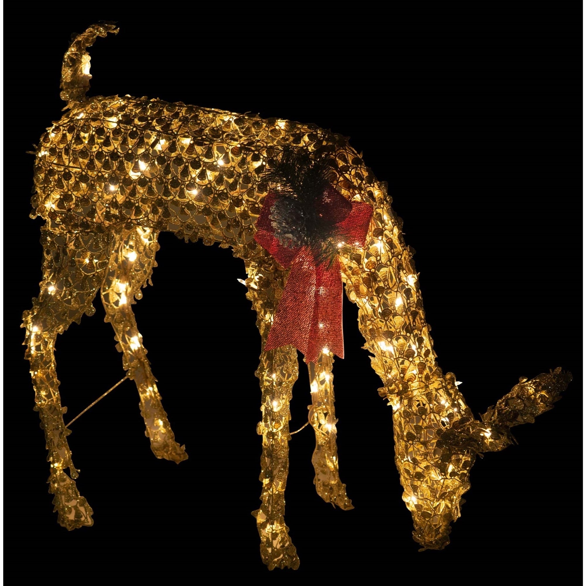 Good Tidings Pre-Lit Yard Decoration, Gold-Glittered Feeding Deer, 33”