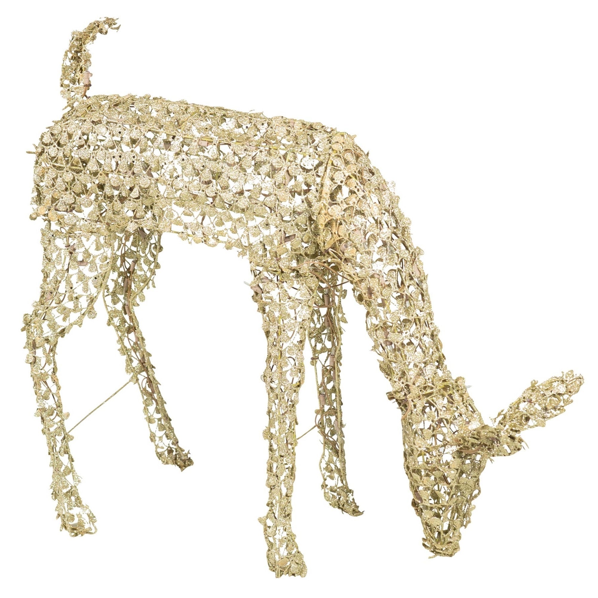 Good Tidings Pre-Lit Yard Decoration, Gold-Glittered Feeding Deer, 33”