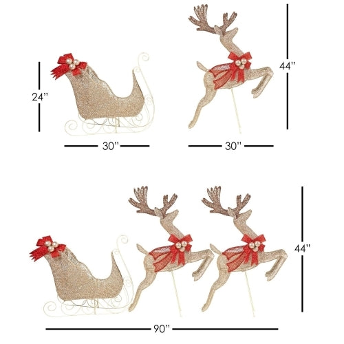 Holiday Wonderland Outdoor Lighted Mesh Sleigh & Reindeer Set — 150 Clear Lights, Champagne (3-Piece Set)