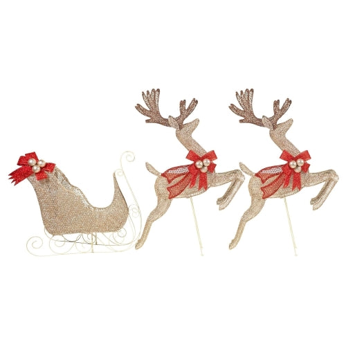 Holiday Wonderland Outdoor Lighted Mesh Sleigh & Reindeer Set — 150 Clear Lights, Champagne (3-Piece Set)