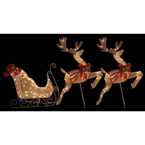 Holiday Wonderland Outdoor Lighted Mesh Sleigh & Reindeer Set — 150 Clear Lights, Champagne (3-Piece Set)