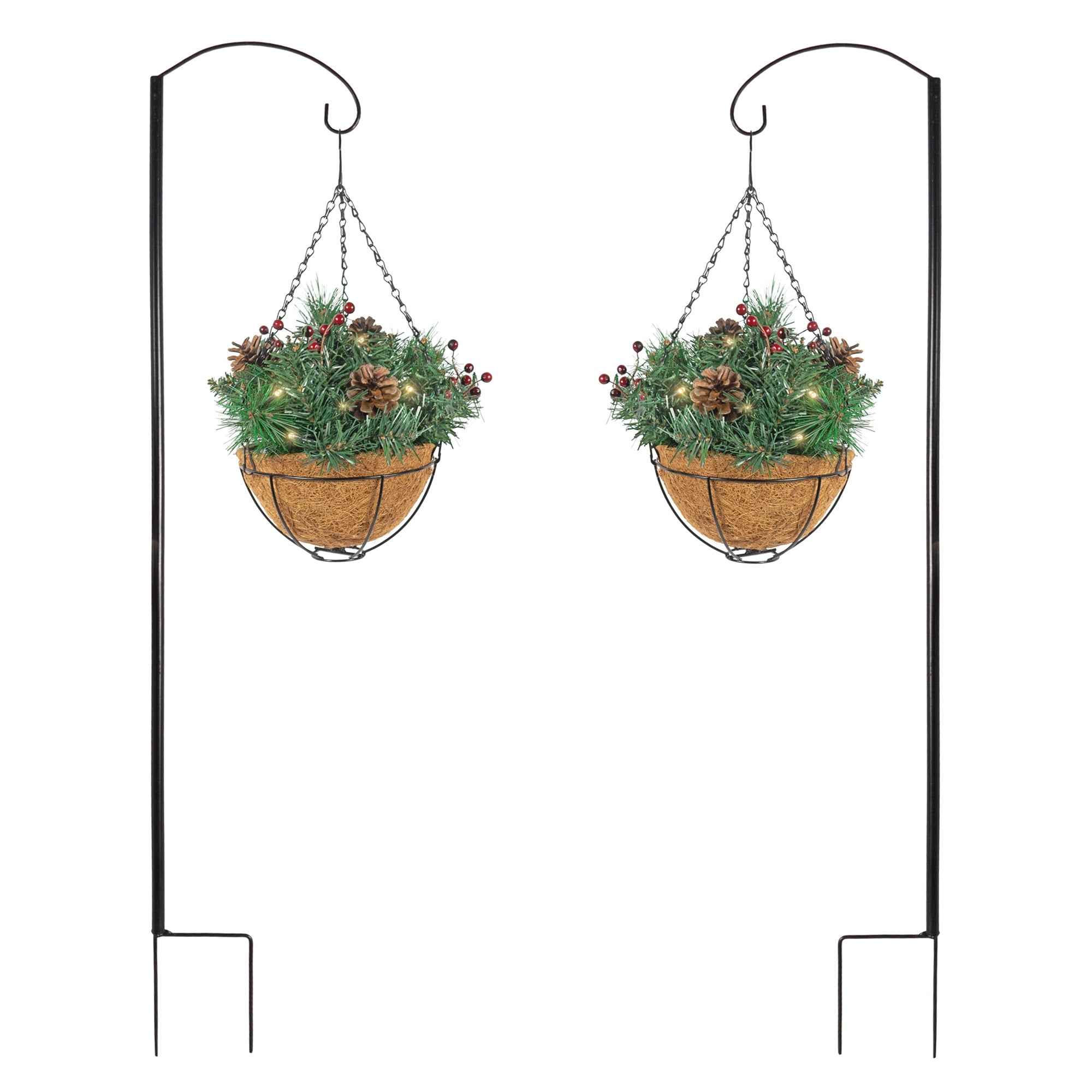 Equinox 2 Holiday Wonderland Artificial Christmas Hanging Baskets with Shepherd's Hooks (Pack of 2)