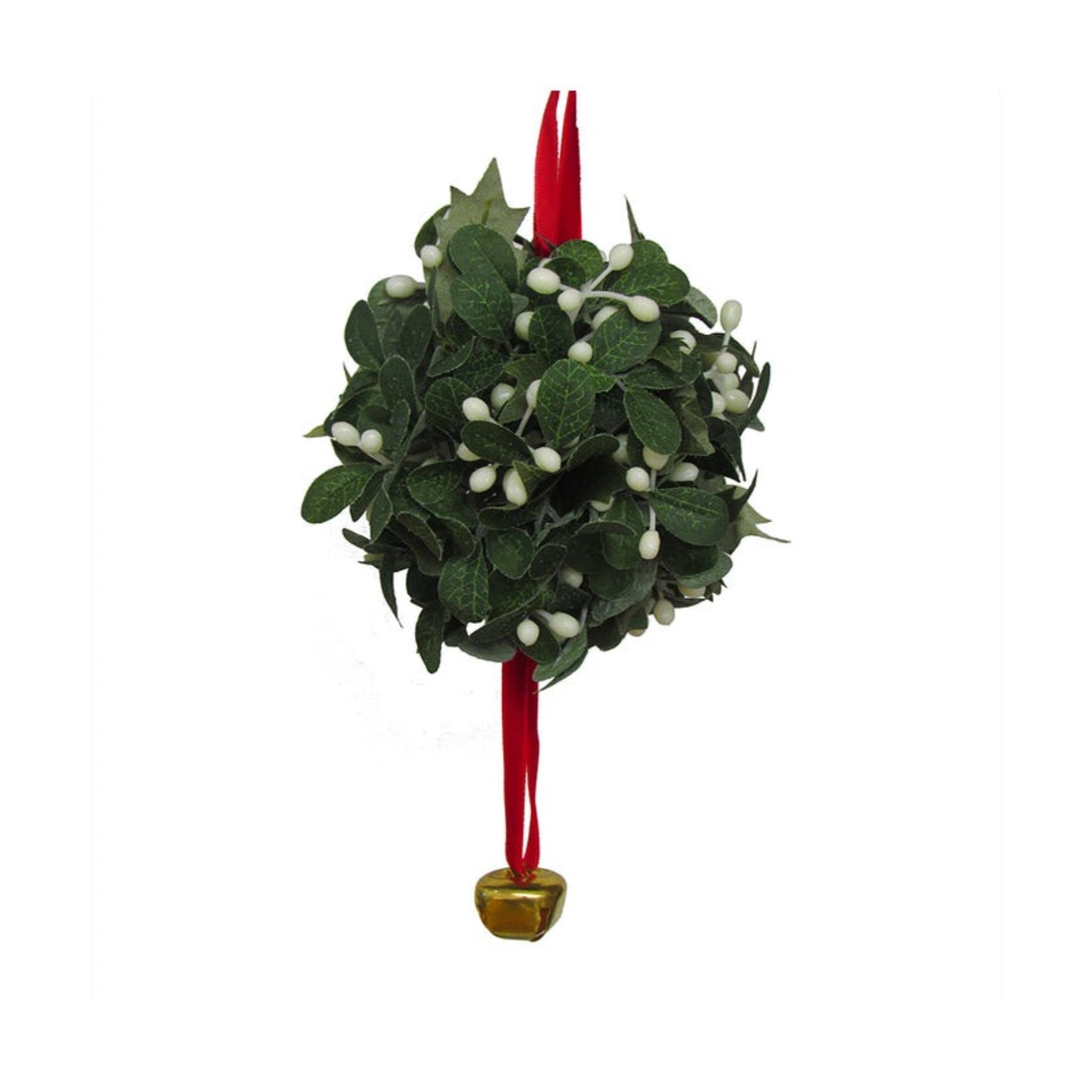 Kurt Adler Plastic Hanging Ornament, Mistletoe Ball with Red Ribbon & Gold Jingle Bell, 9"