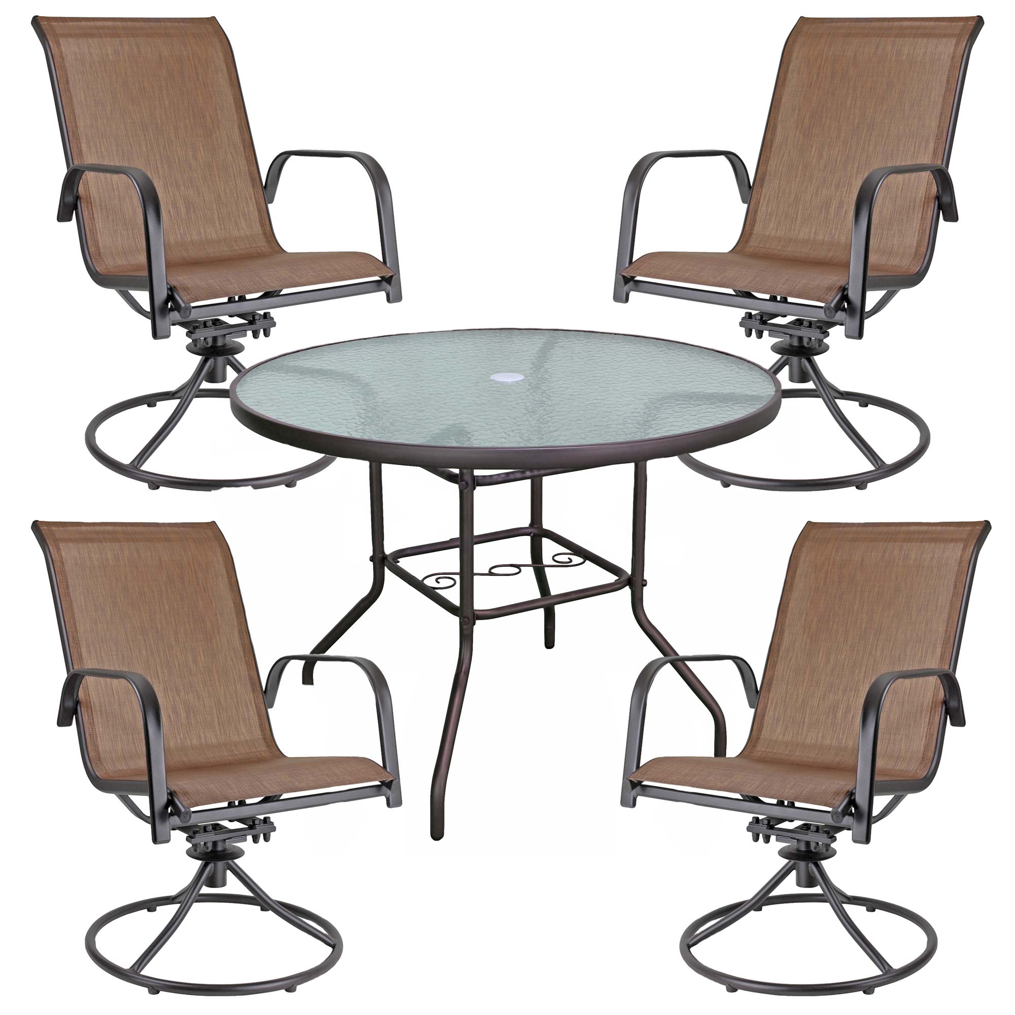 Garden Elements 40" Steel Table with 4 Swivel Rocker Chairs Patio Dining Set, Brown (5-Piece)