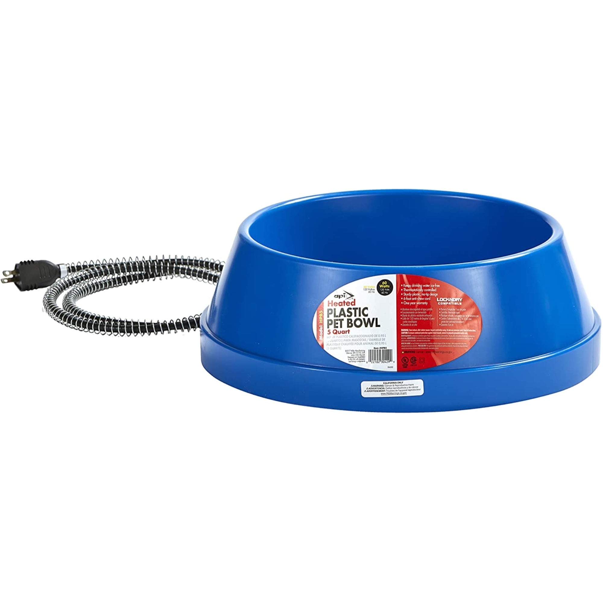 API Heated Pet Bowl — No-Freeze Outdoor Thermal Water Bowl — USA Made, 5 Qt, Blue