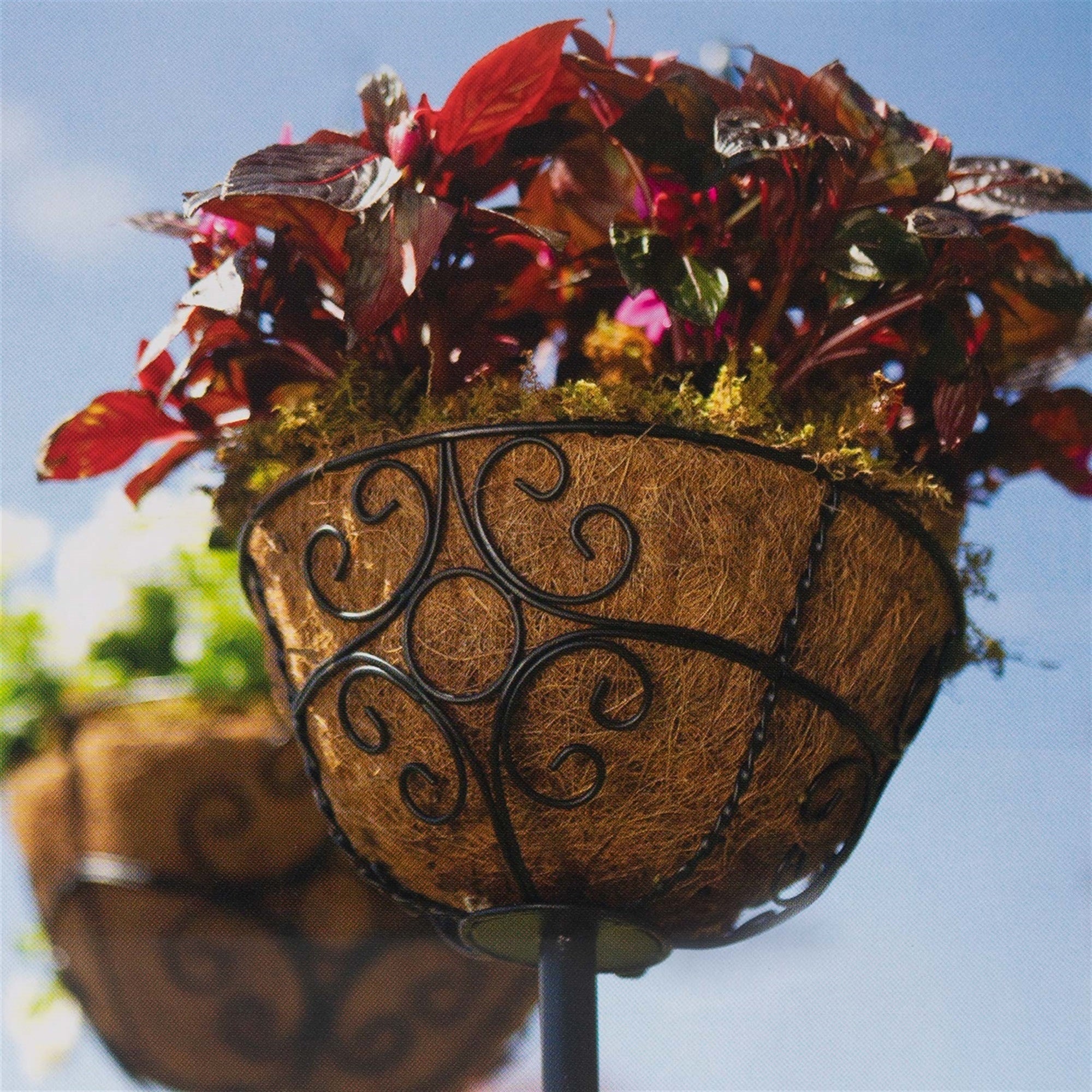 Panacea Outdoor Garden Stakes with Coco-Lined Planter Baskets, Black, 69in (Pack of 2)