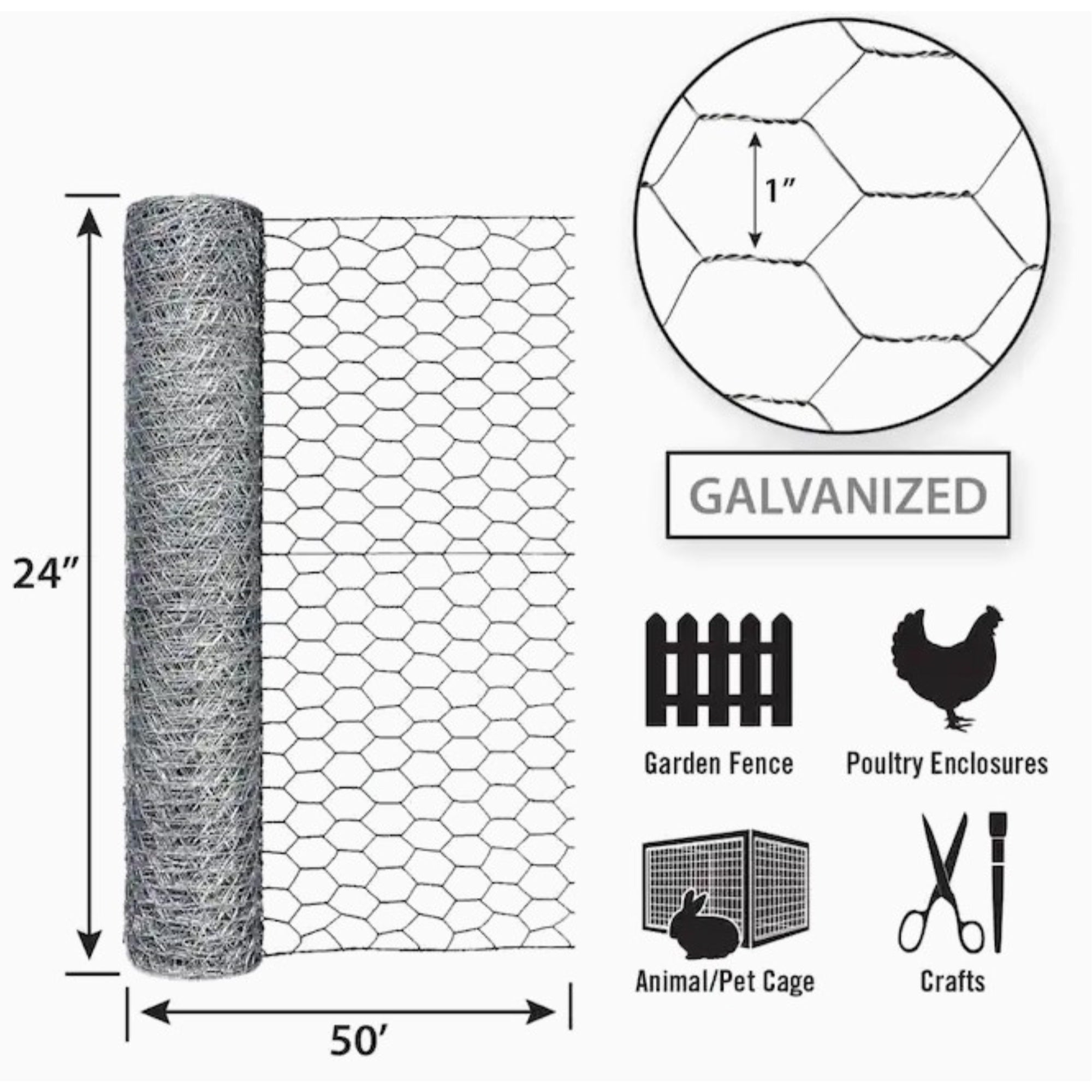 Origin Point 20-Gauge Handyroll Galvanized Hex Netting, 24' H x 50 ' L