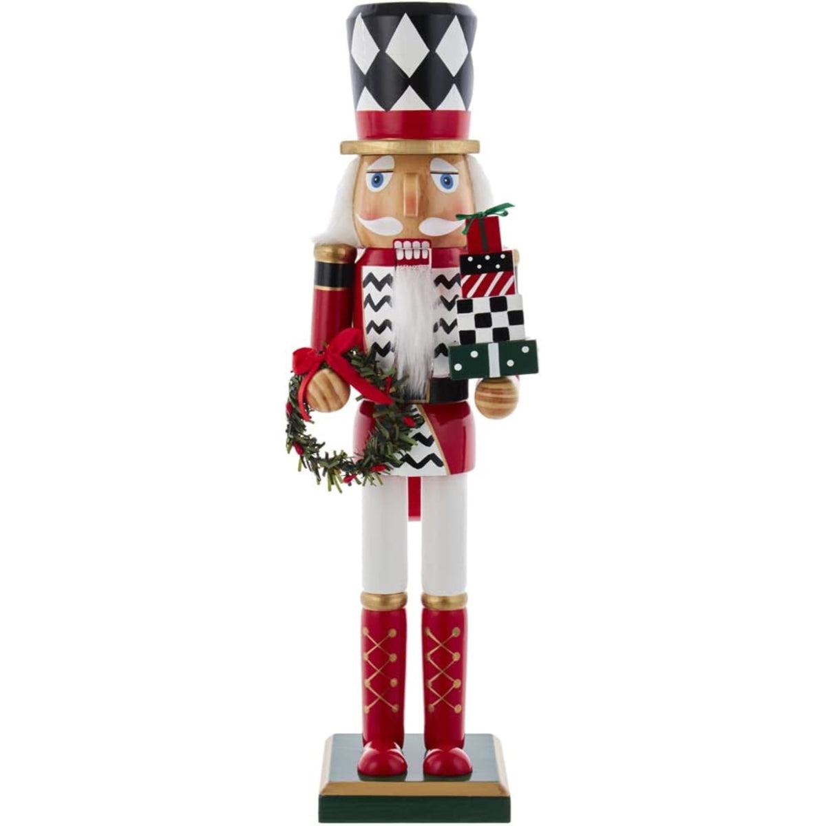 Kurt Adler Wooden Red, White and Black Nutcracker with Gift and Wreath, 15"